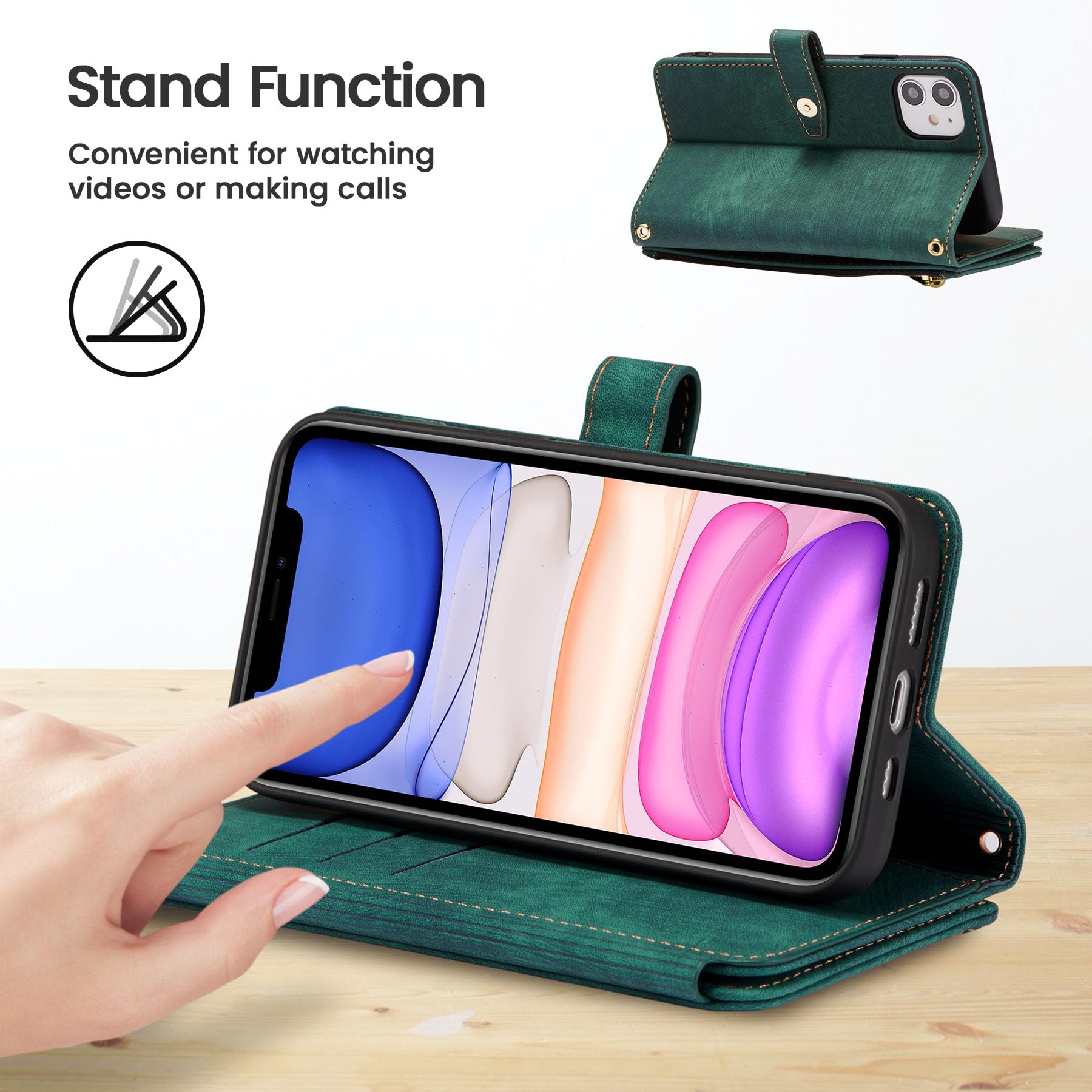 Premium Zipper Leather Wallet Case for iPhone X/Xs - Flip Cover with Wrist Strap & Card Slots, Green | Perfect for Daily Use, Travel & Hands-Free Convenience