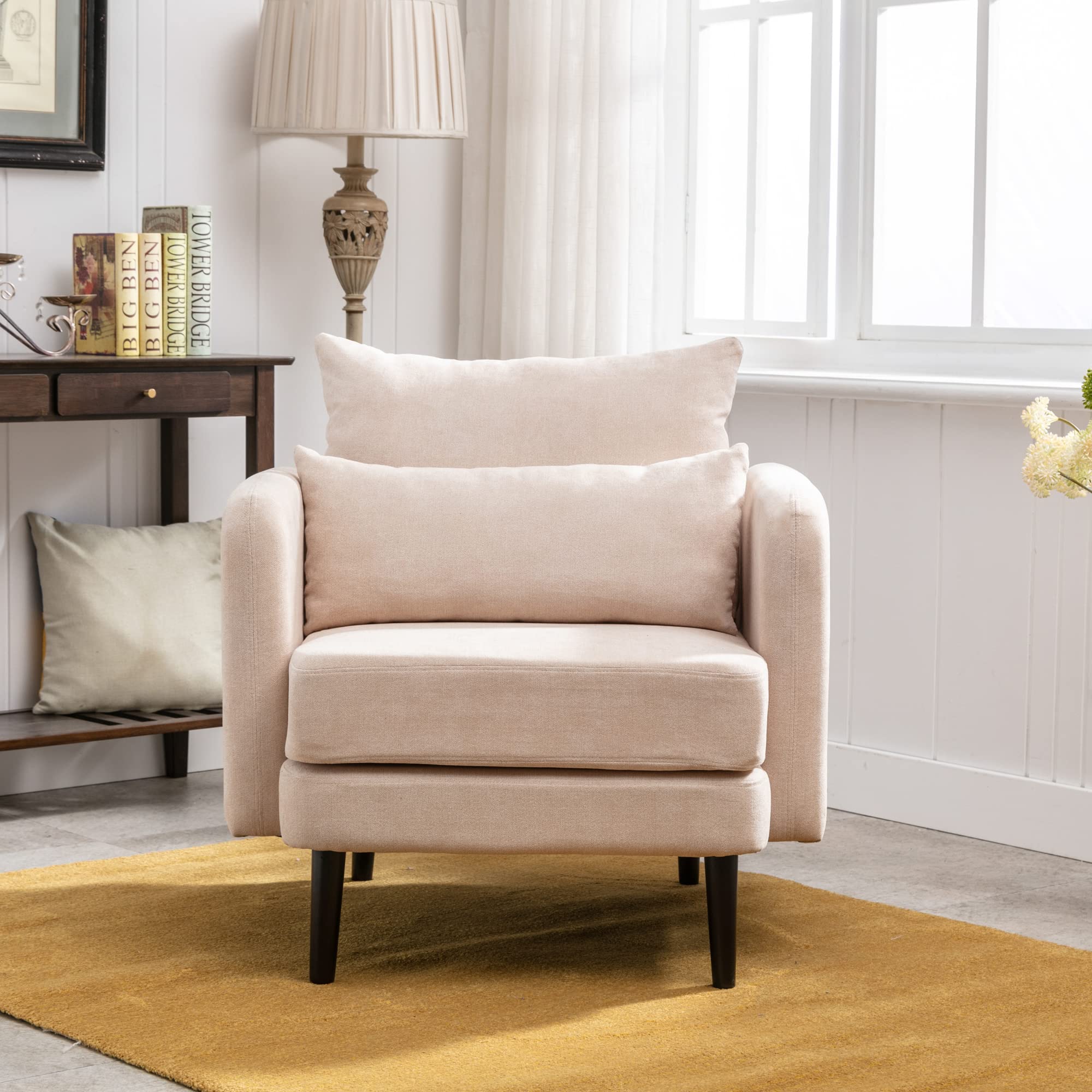 Modern Fabric Accent Armchair - High Back Comfy Single Sofa Chair with Solid Wood Legs & Pillow - Living Room, Bedroom, Reading Room Seating - Beige Upholstered Lounge Chair for Relaxing & Home Decor