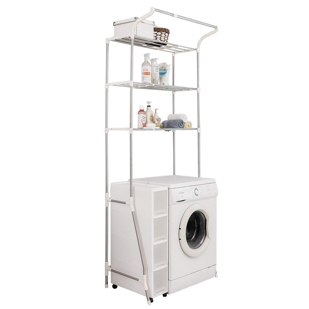 Adjustable 3-Tier Laundry Shelf for Over Washer & Dryer - Space Saving Bathroom Storage Rack with Clothes Hanger, Ivory - Perfect for Small Spaces, Apartment Organization & Above Toilet Storage