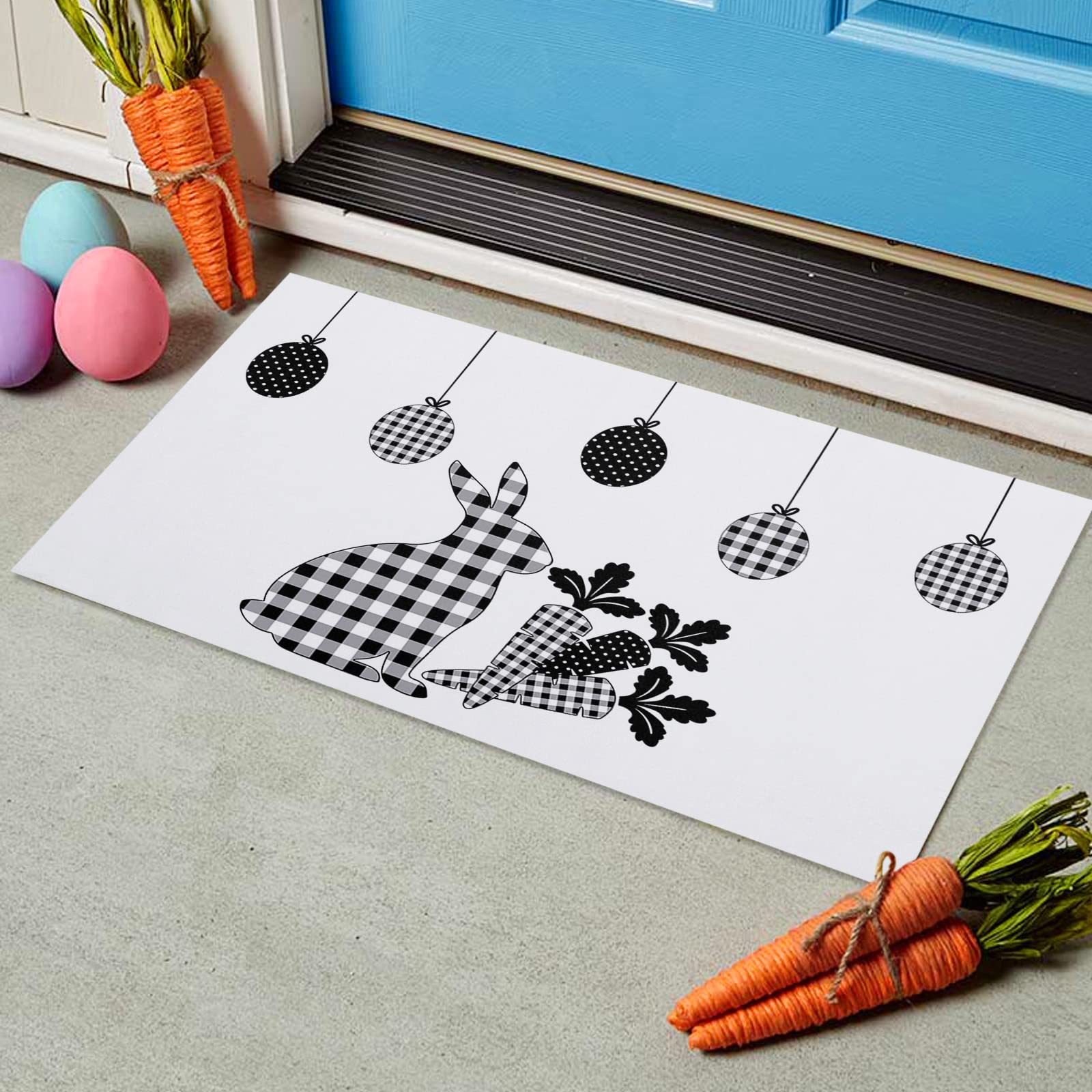 ALAGEO Easter Doormat - Black Buffalo Plaid Bunny Design with Easter Eggs & Carrots - 20x32 Inch Indoor/Outdoor Welcome Rug for Spring Decor - Perfect for Easter Party, Front Door Entry, Home Decoration & Seasonal Welcome Mat