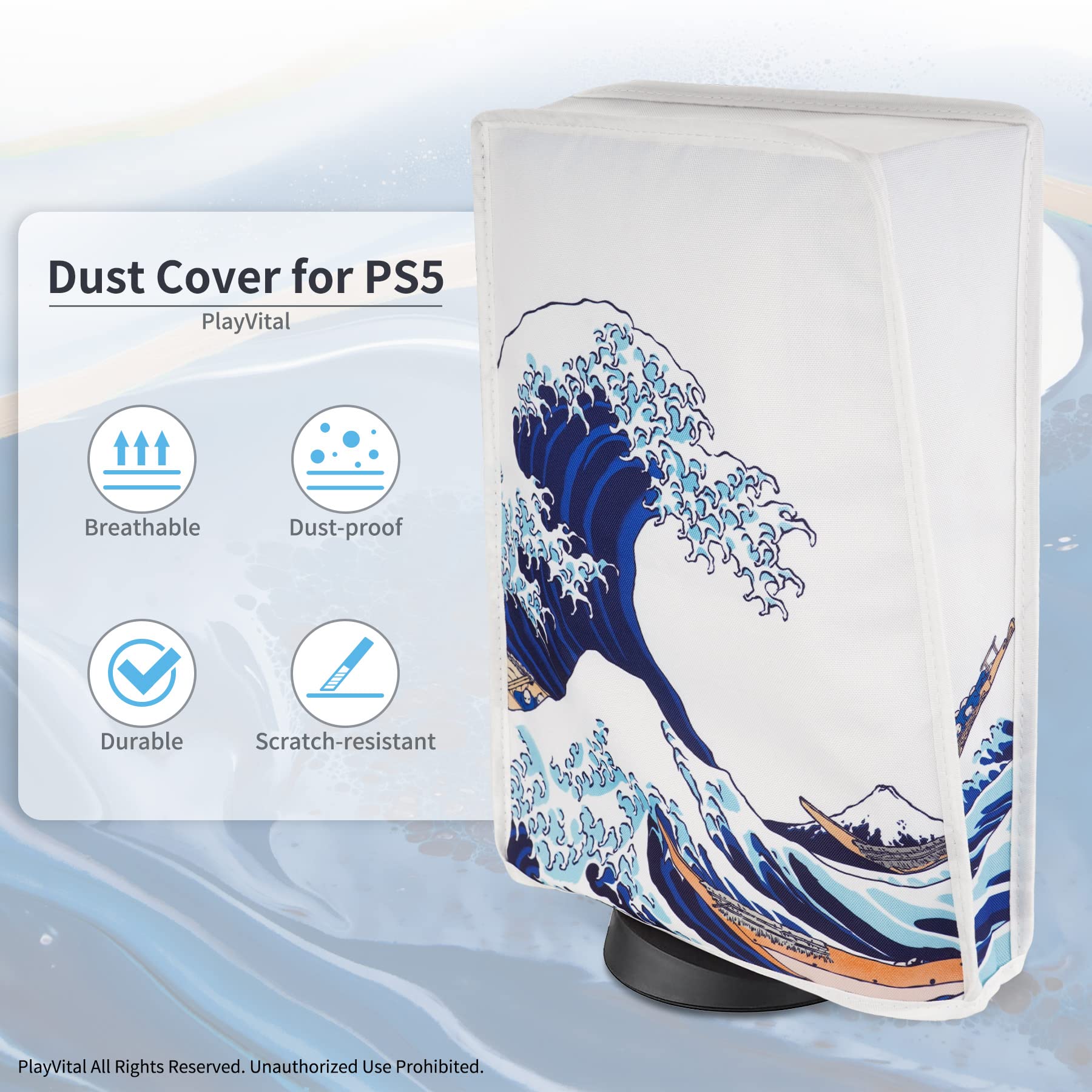 PlayVital PS5 Dust Cover - Soft Anti-Scratch Waterproof Protective Sleeve for PS5 Console (Digital & Disc Edition) - The Great Wave Design - Perfect for Gaming Setup Protection & Dust Prevention