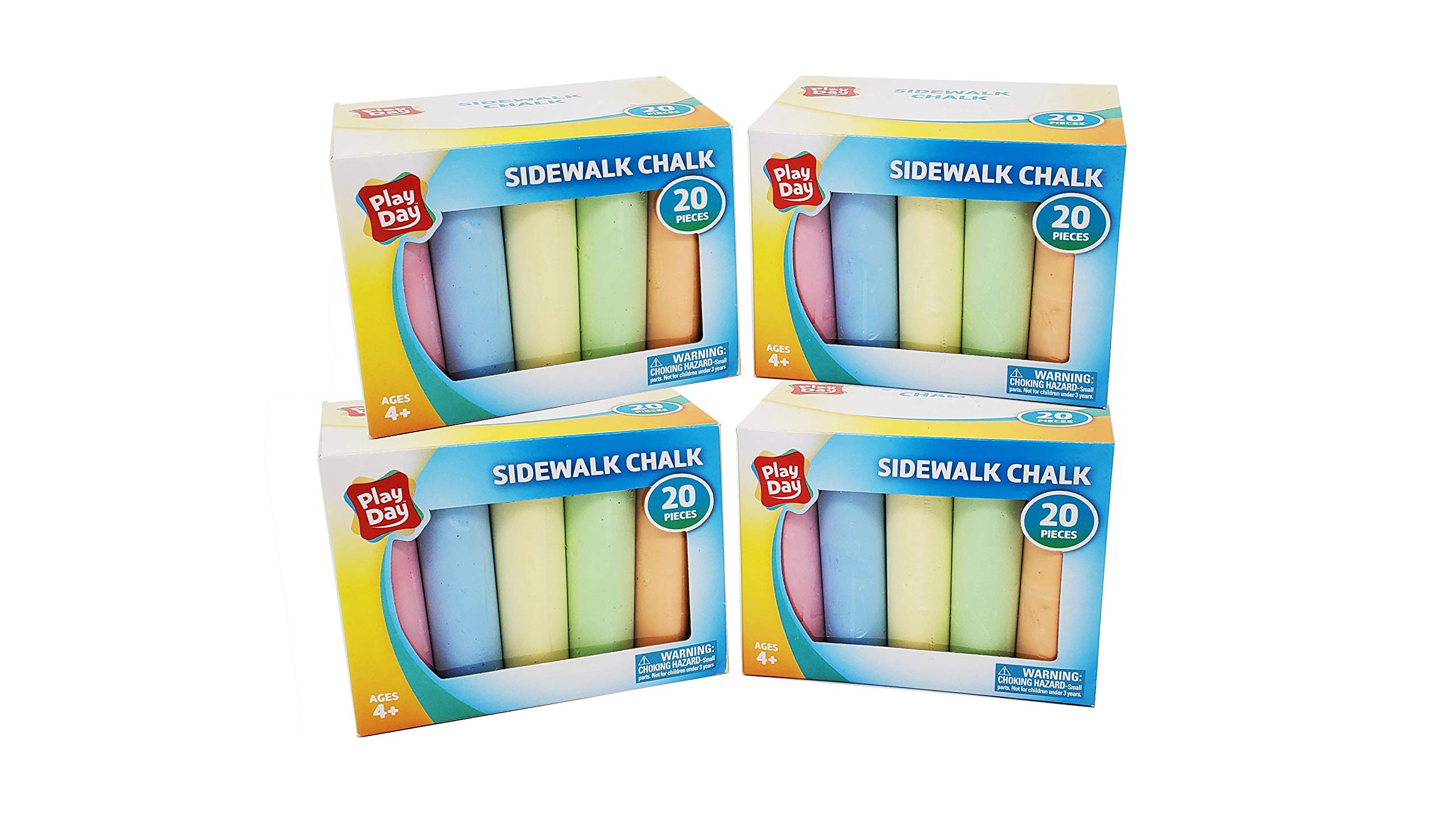 Play Day Sidewalk Chalk 20 Pieces (4 Pack) - Non-Toxic, Vibrant Colors for Kids Outdoor Drawing & Creative Play - Perfect for Driveways, Sidewalks & Playground Fun