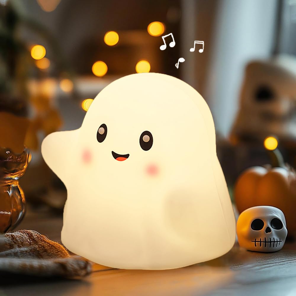 Kids Ghost Night Light - Adjustable Dimmable Silicone Nursery Lamp with 13 Interactive Sound Effects & Touch Sensor | Halloween Decor, Christmas Gift for Children (White Ghost) - Perfect for Bedrooms, Nurseries, and Holiday Decorations