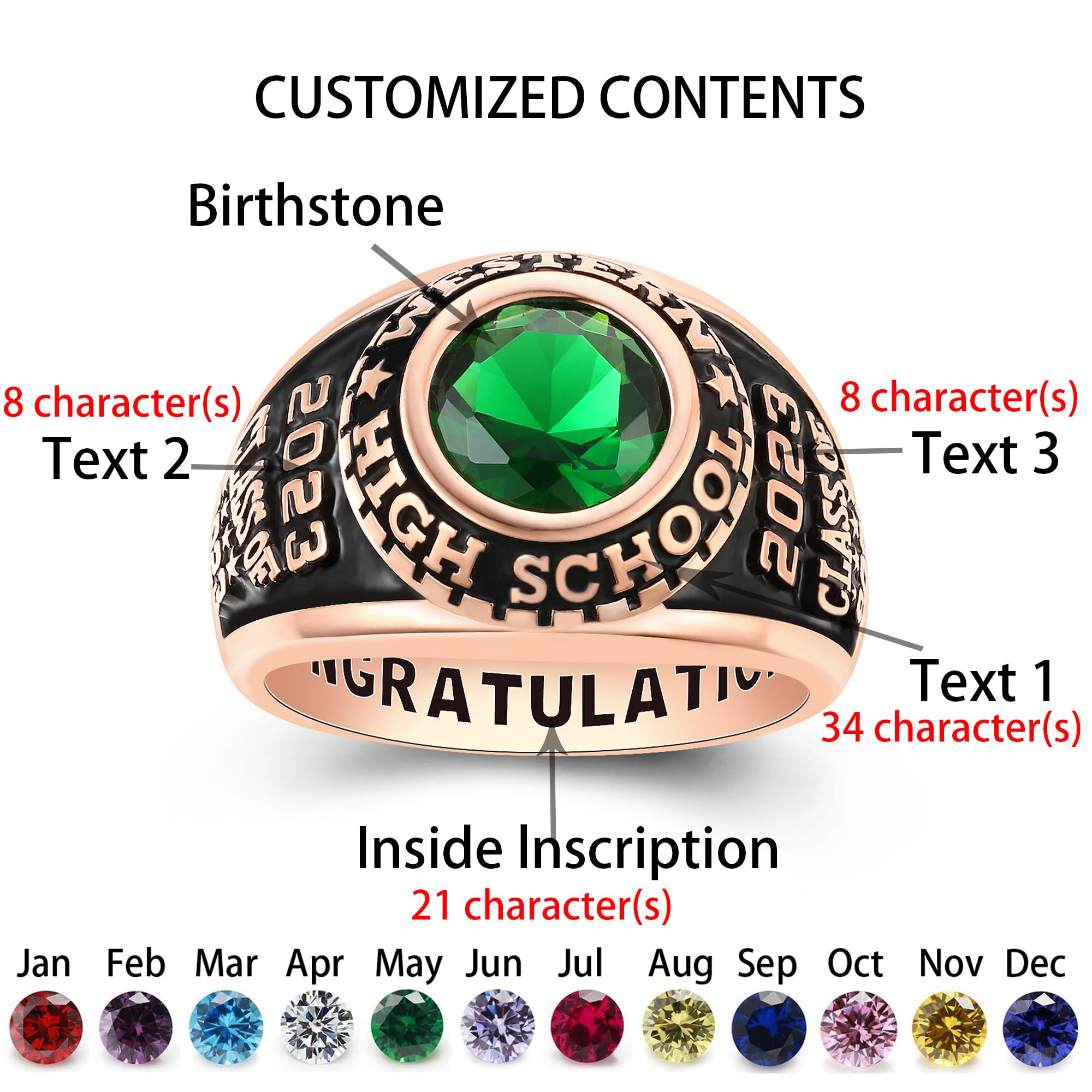 Custom Personalized Class Rings for Men & Women - Gold Plated & Sterling Silver High School & College Rings - Size 5-15 - Perfect for Graduation Gifts, Alumni Pride & Special Occasions