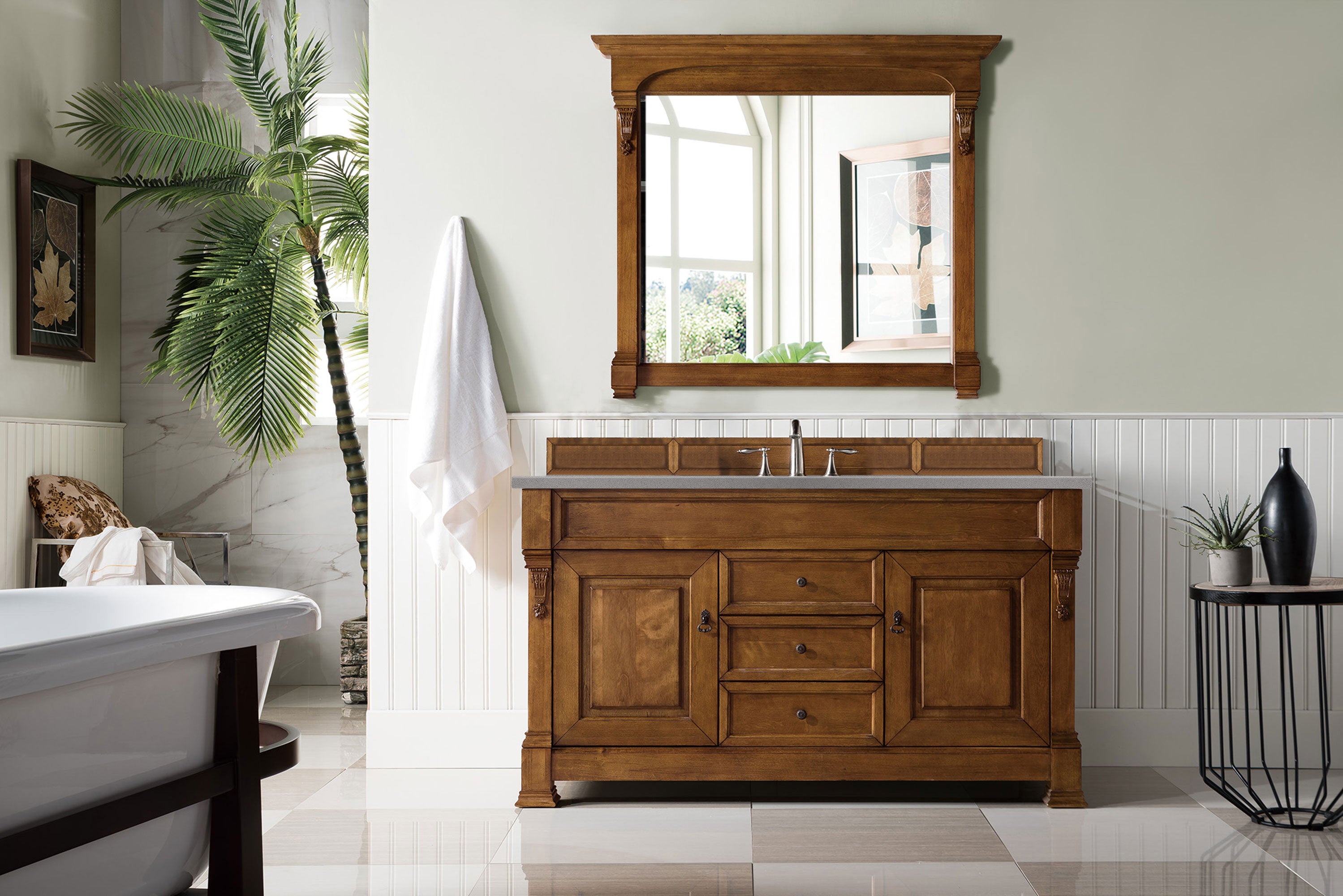 Brookfield 60 Inch Single Bathroom Vanity Set - Country Oak Finish with 3CM Grey Expo Quartz Countertop - Perfect for Modern Farmhouse & Rustic Bathroom Decor