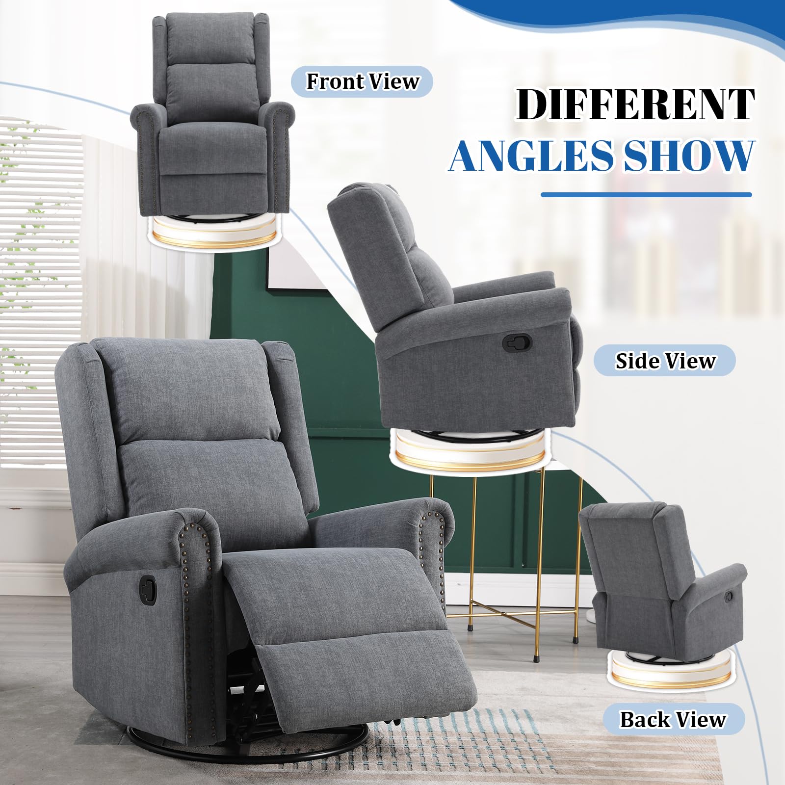 Antetek Swivel Rocking Recliner Chair - Velvet Nursery Glider with Adjustable Footrest & High Back Support, Manual Wingback Upholstered Rocking Chair for Living Room, Nursery, Bedroom - Perfect for Nursing, Reading & Relaxing (Grey)