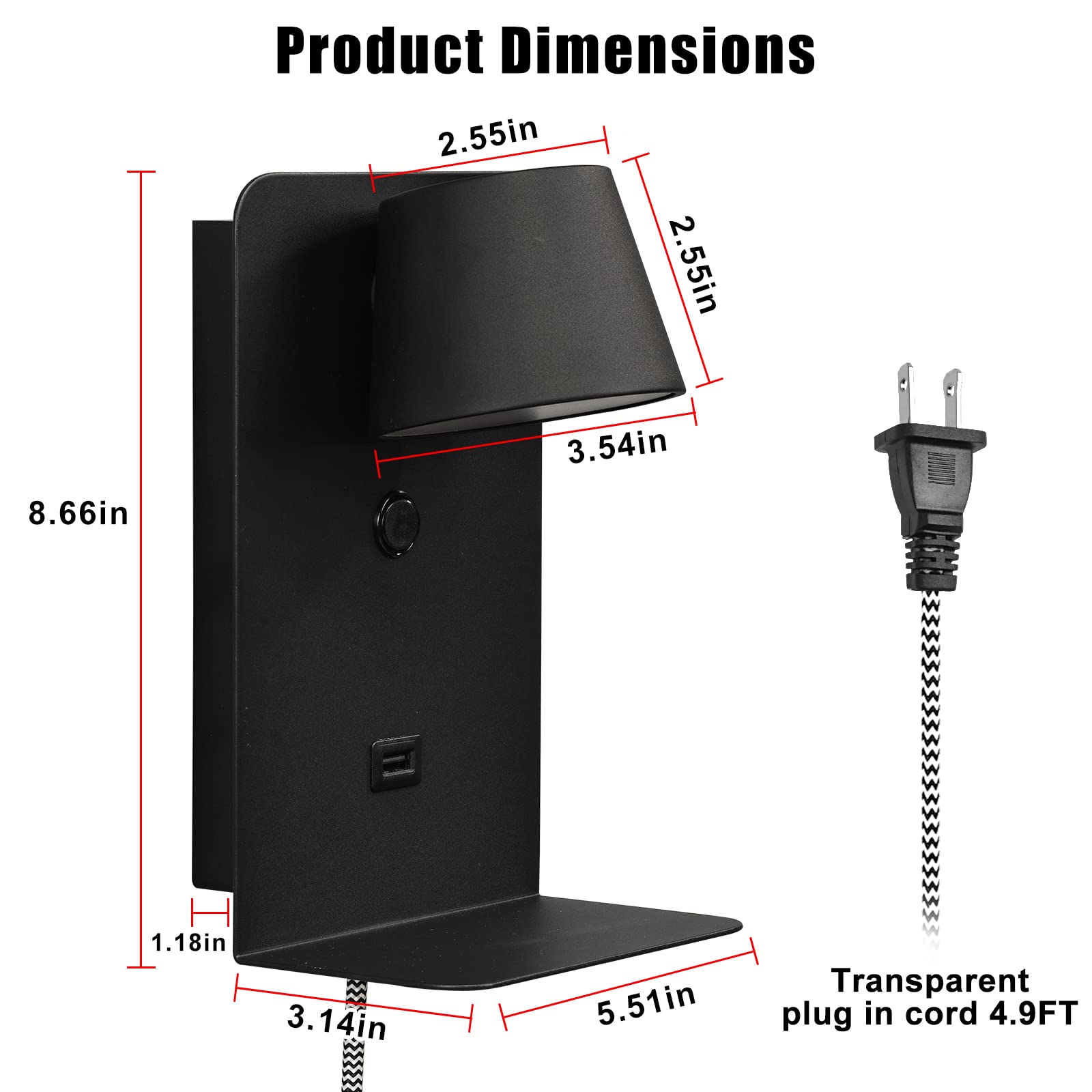 Rotatable Swing LED Wall Sconce with Shelf - USB Charging Port & 2700K Warm White Light - Modern Black Reading Lamp for Bedroom, Living Room, and Hallway Night Lighting