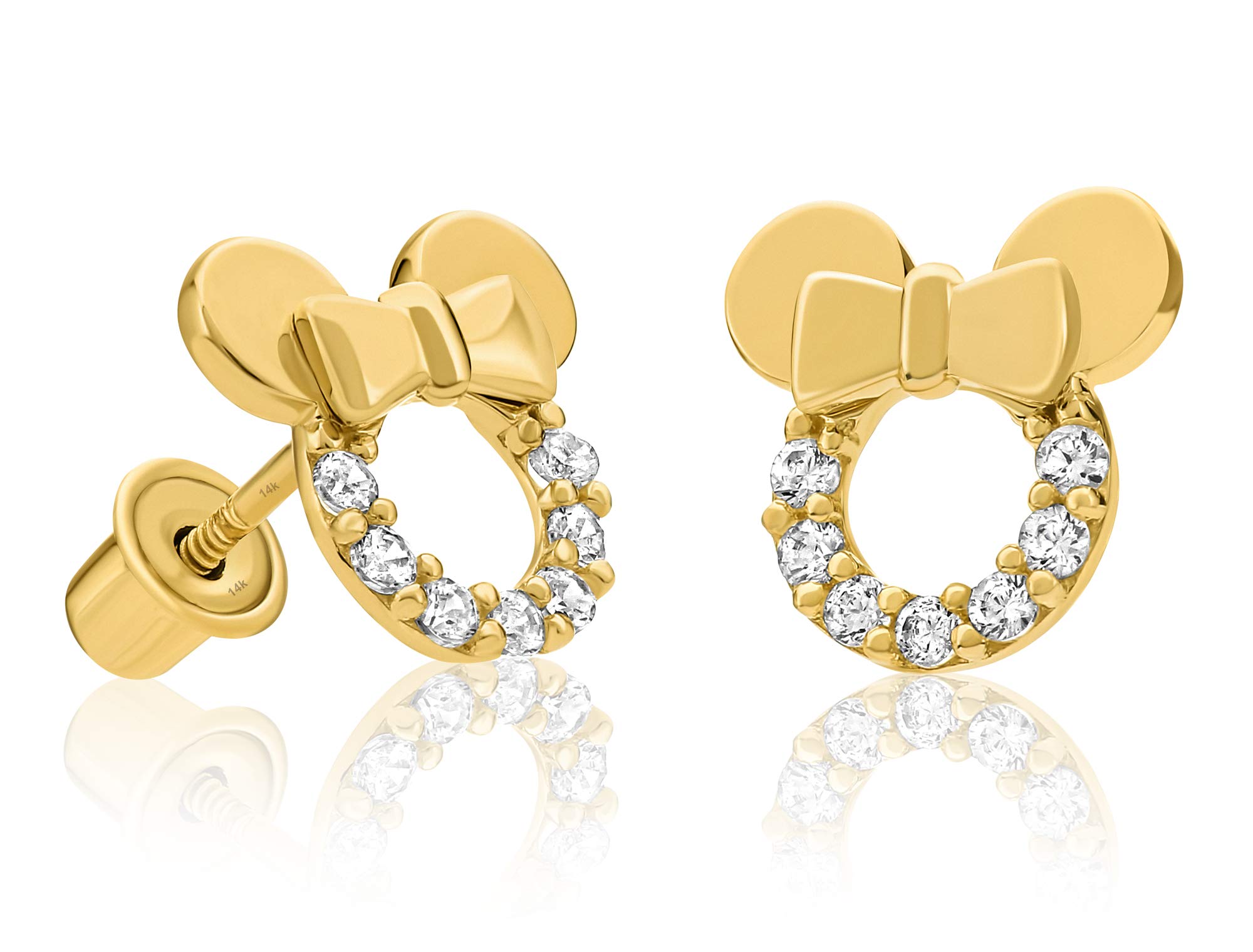 14K Yellow Gold Mouse Stud Earrings with Cubic Zirconia - Comfortable Screw Back for Secure Fit - Perfect for Everyday Wear, Gifts & Special Occasions