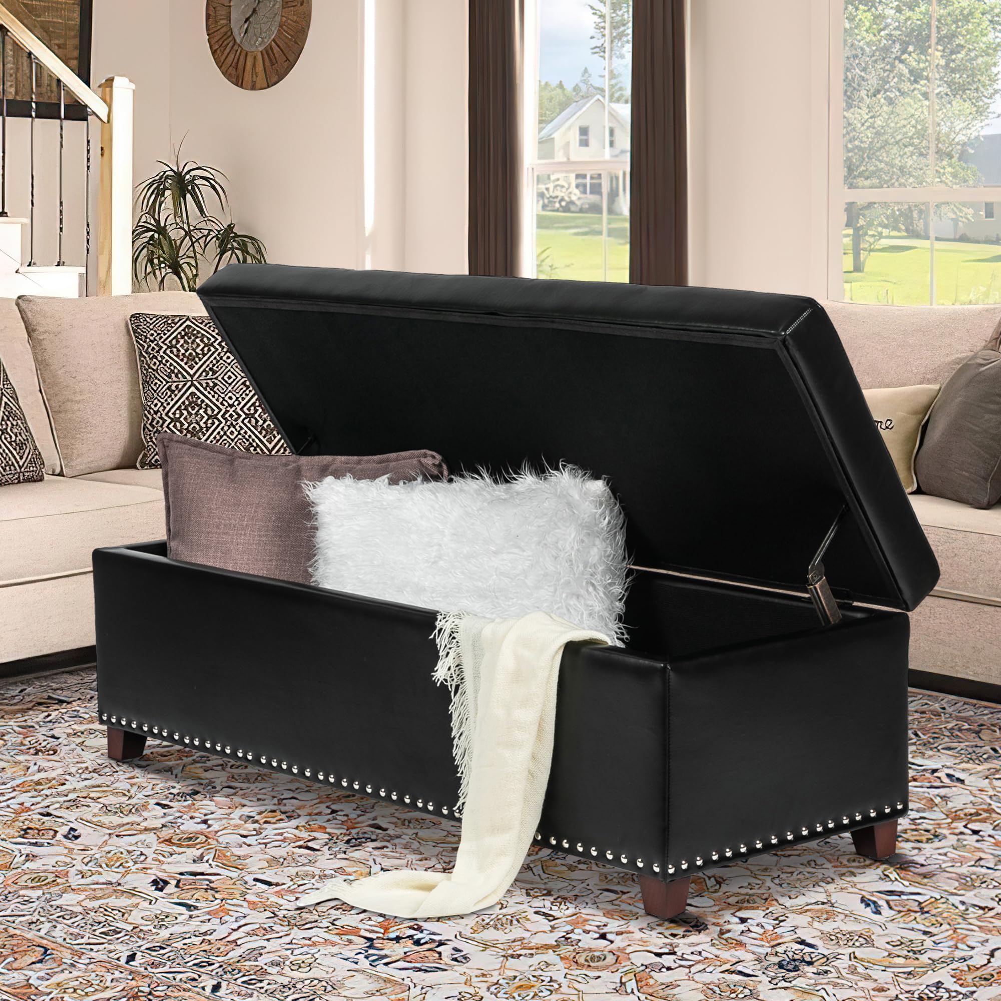 Storage Ottoman Bench with Wooden Legs - Upholstered Rectangle Storage Bench for Bedroom & Living Room - Multi-Functional Furniture for Home Organization, Extra Seating, and Stylish Decor