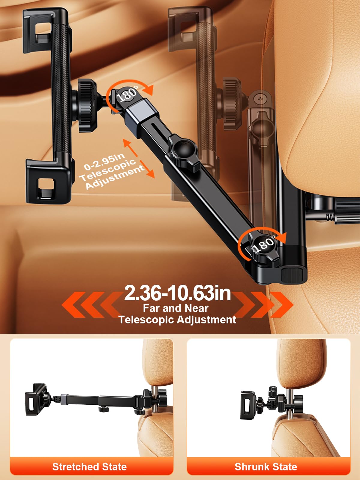 Universal Car Backseat Tablet Holder with Adjustable Extension Arm - Headrest Mount for iPad & 4.7-12.9