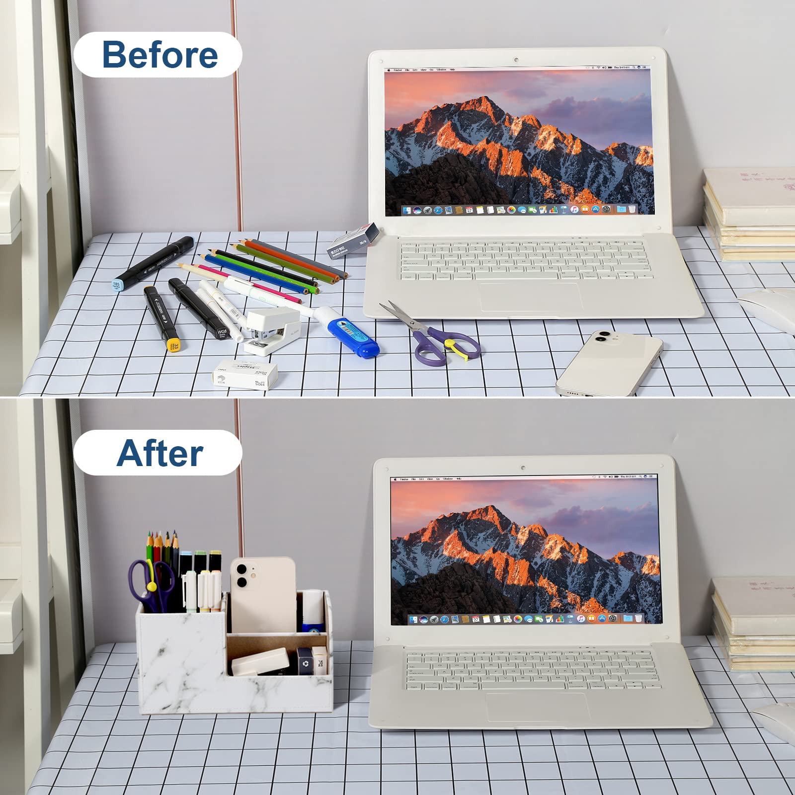 GORESE Leather Office Desk Organizer with Pen Holder & Remote Control Storage - White Marble Desktop Organizer for Office Supplies, Home & Workspace Organization - Perfect for Desk Accessories, Stationery & Remote Control Storage