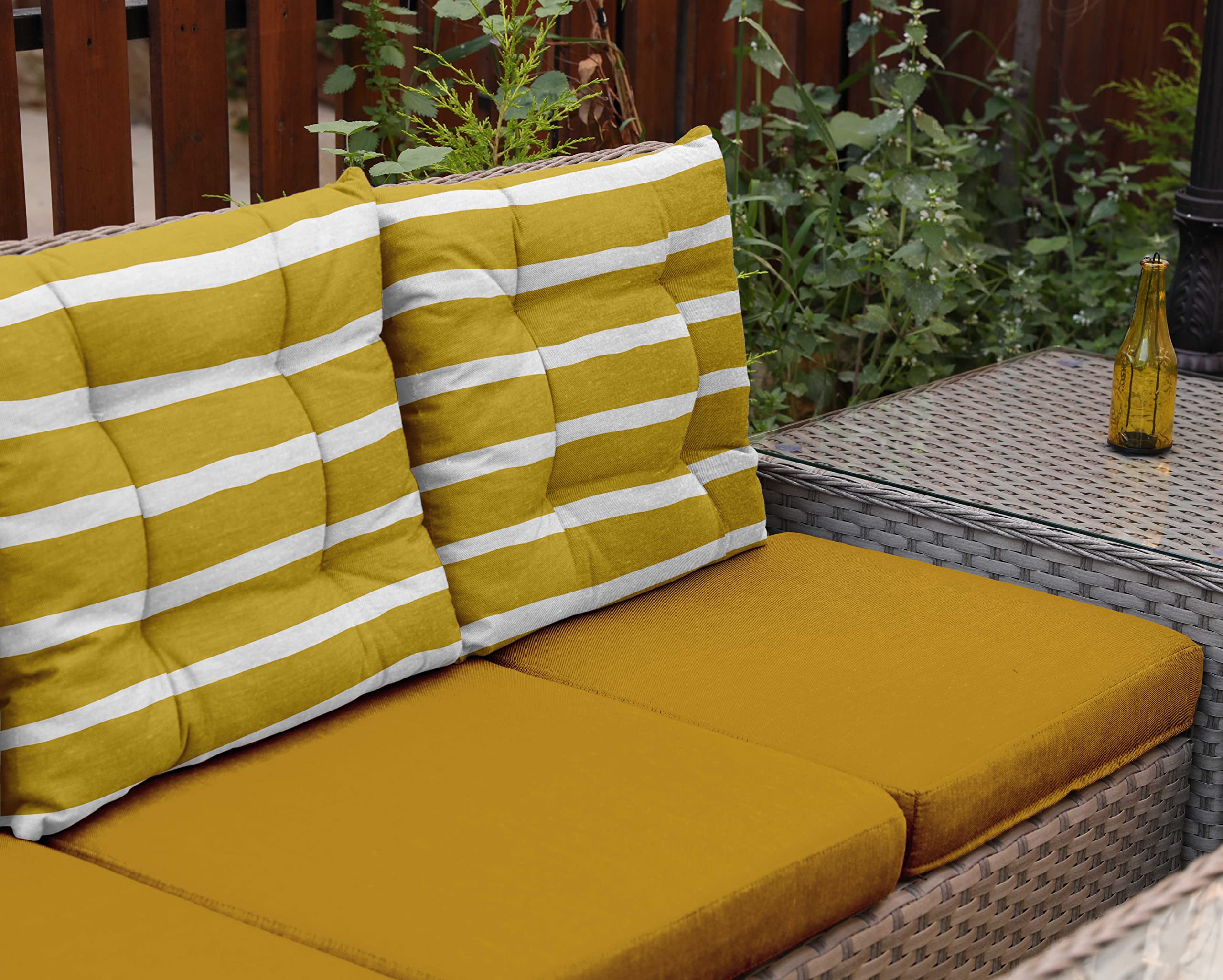 Waterproof 19-inch Yellow Striped Tufted Square Patio Cushion Set of 2 - Indoor/Outdoor Furniture Seat Cushions for Garden, Deck, Poolside & Patio