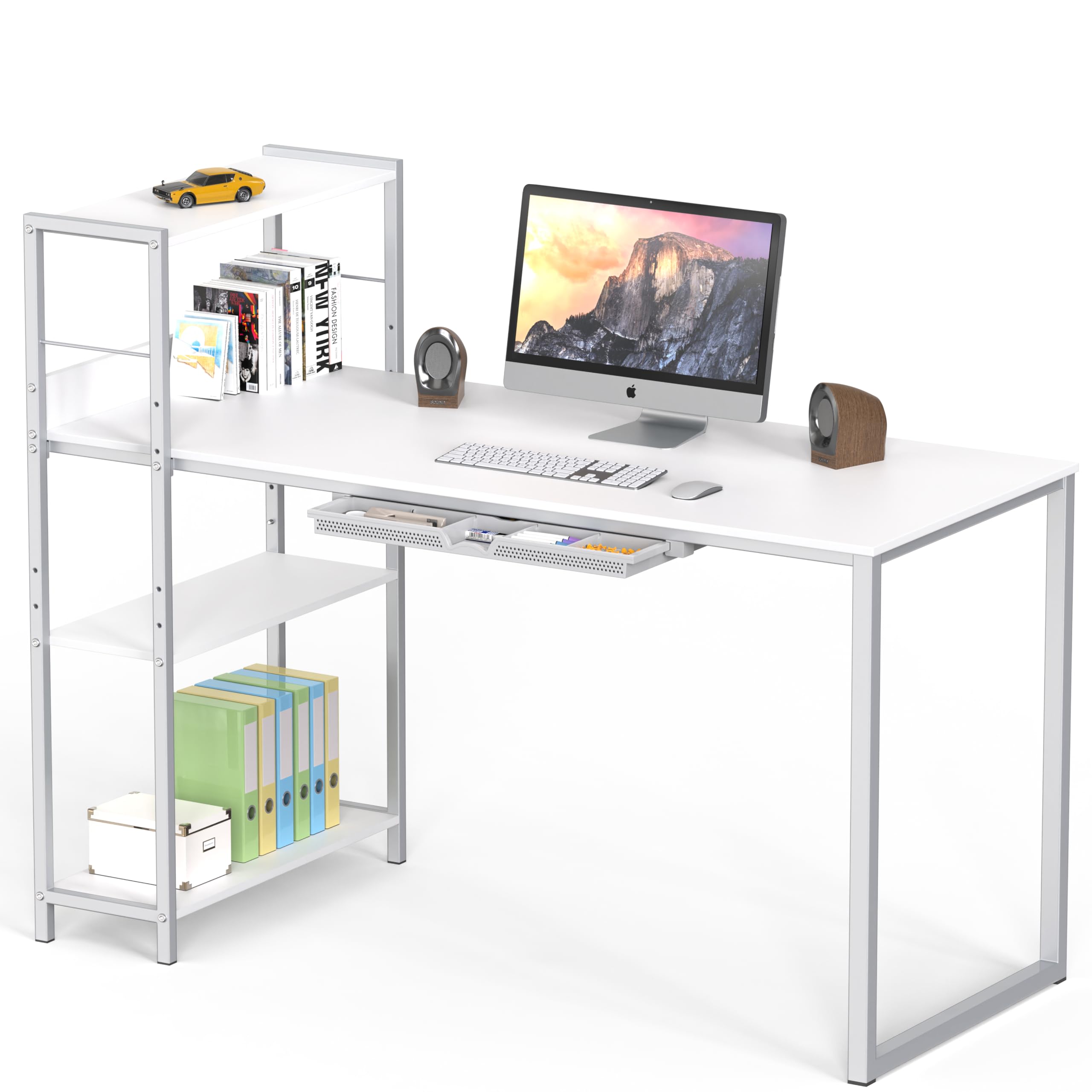 SHW Mission 46-Inch Home Office Computer Desk with Side Shelf and Drawer - White - Perfect for Small Spaces, Remote Work & Study