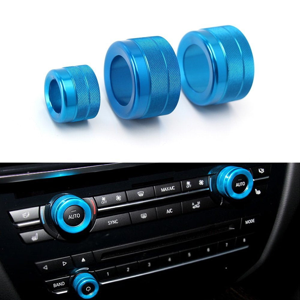 3PCS Blue AC Climate Control Radio Volume Knob Ring Covers for BMW 5 6 7 Series - Premium Car Interior Accessories for Enhanced Style & Comfort (Fits E60 E63 E64 E65 E66 Models) - Perfect for Customizing Your BMW Dashboard & Protecting Knobs from Wear