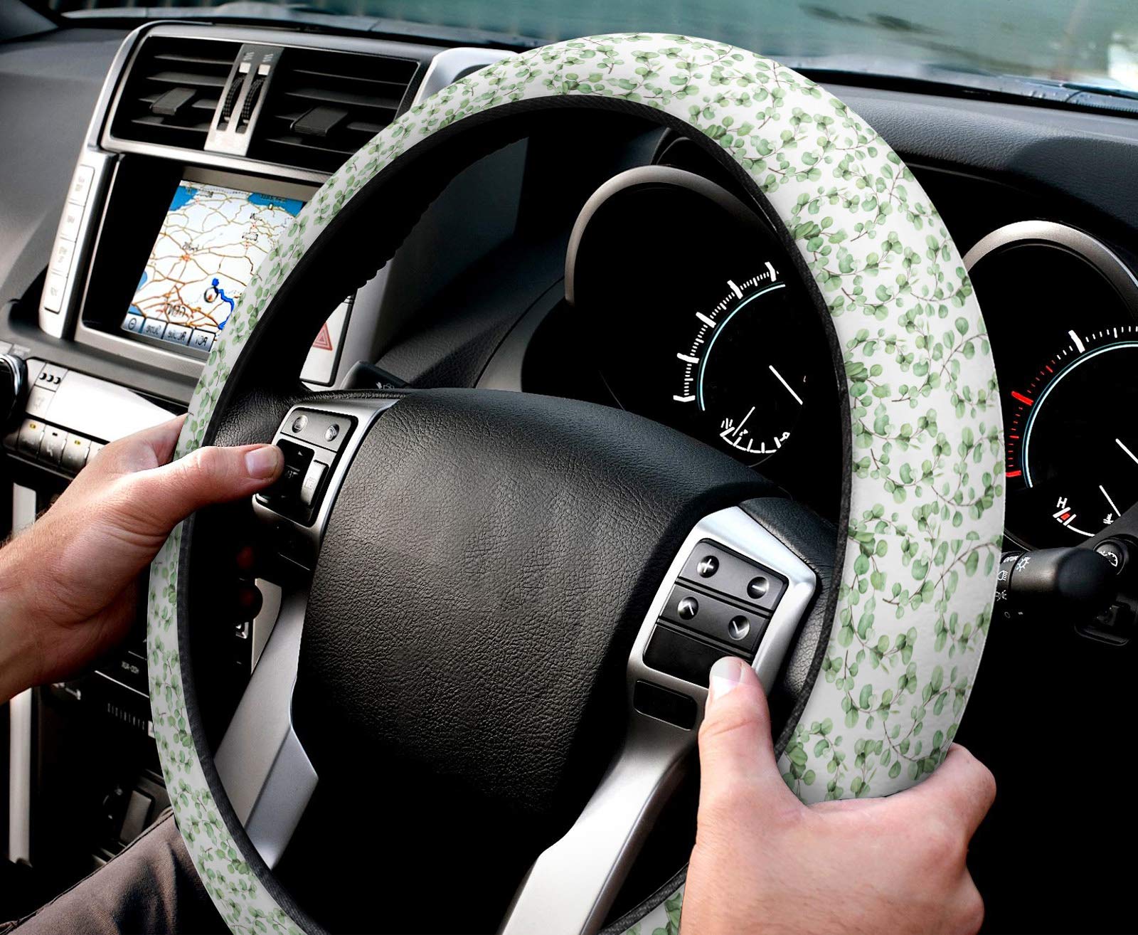Universal 15-inch Anti-Slip Steering Wheel Cover for Cars, Trucks & SUVs - Elegant Leaf Design with Green Plant Pattern, Washable Wheel Protector for Women & Men | Perfect for Daily Commute & Road Trips