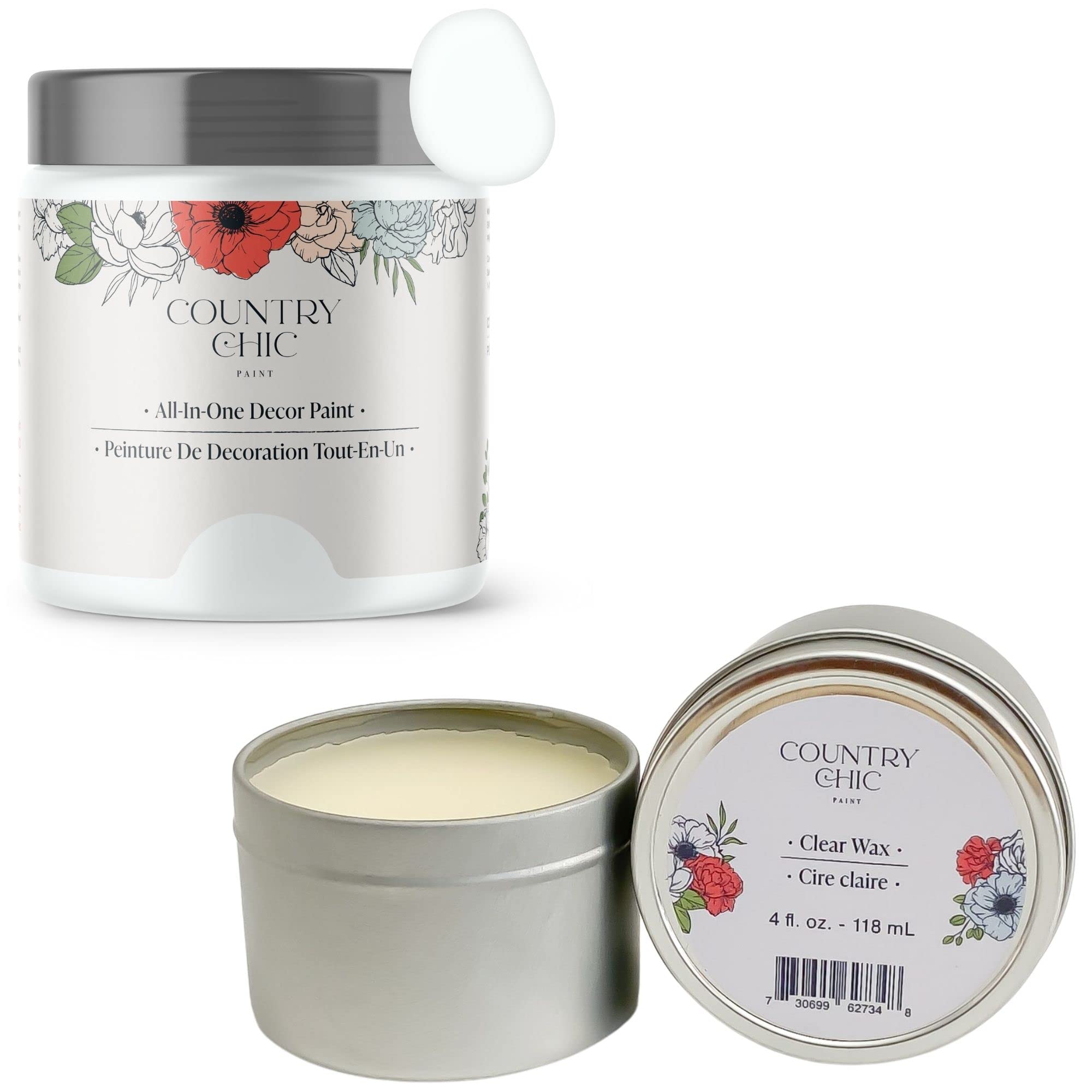 Chalk Style Paint & Furniture Wax Set - DIY Furniture Paint, Home Decor, Crafts (4 oz, White) - Perfect for Upcycling, Shabby Chic Decor, and Wood Restoration Projects