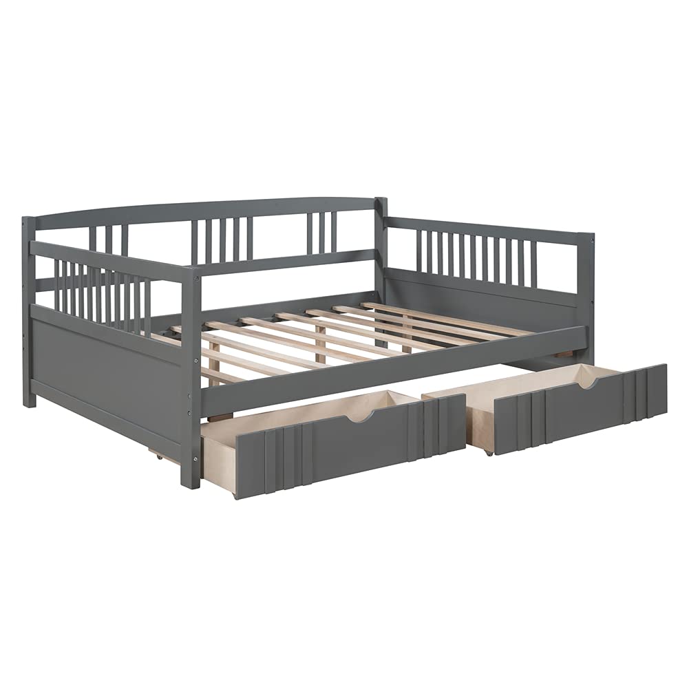 **Convertible Daybed Sofa Bed for Kids - Pinewood Frame with Guardrails & Wood Slats - Full Size Pull-Out Storage Drawers with Wheels (Gray) - Perfect for Kids' Bedroom, Guest Room & Small Spaces**