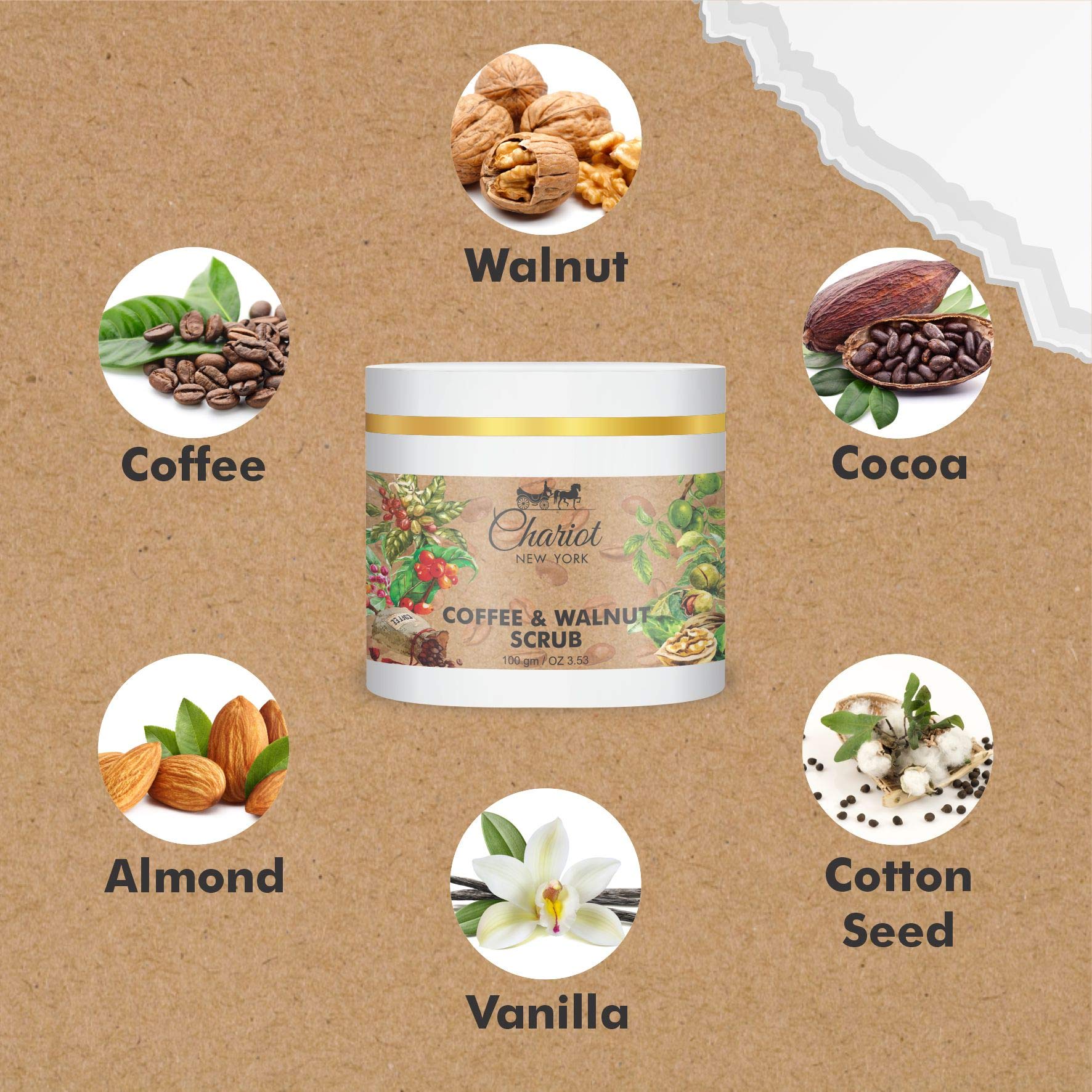 Chariot New York Coffee & Walnut Exfoliating Scrub 100g - Natural Face & Body Scrub for Smooth Skin - Perfect for Spa Day & At-Home Skincare Routine