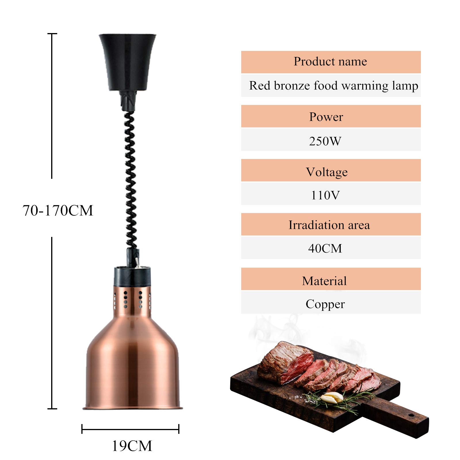 JIAWANSHUN 190mm Commercial Food Warmer Lamp with 250W Bulb - Retractable Heat Lamp for Restaurants, Catering & Home Use - 110V Food Warmer for Buffets, Bakeries & Food Service Stations