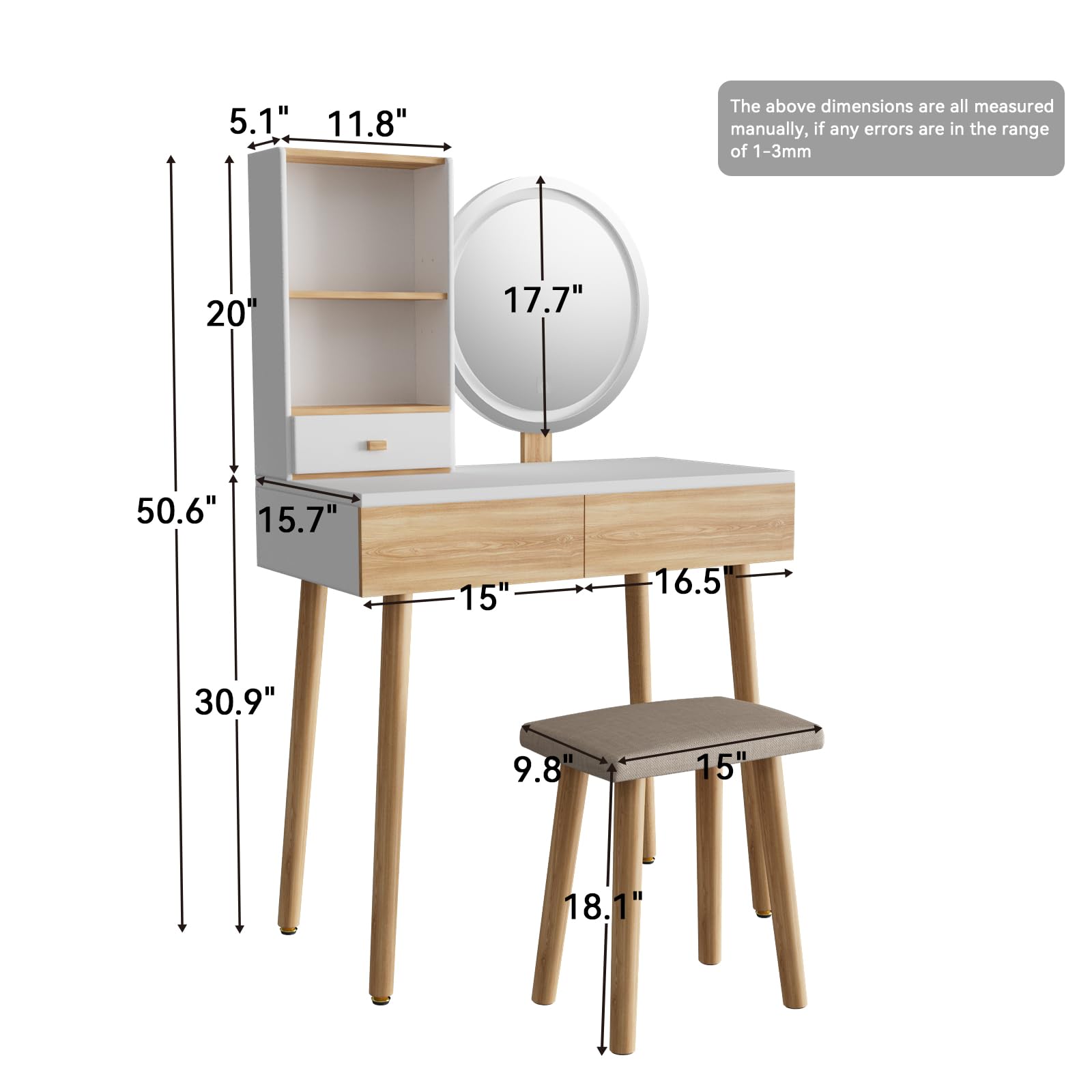 YOURLITE Makeup Vanity Desk with LED Lights - Adjustable Brightness Mirror, Compact Vanity Table with Drawers & Storage Shelves for Small Spaces - Perfect for Bedroom, Dorm & Apartment Beauty Setup