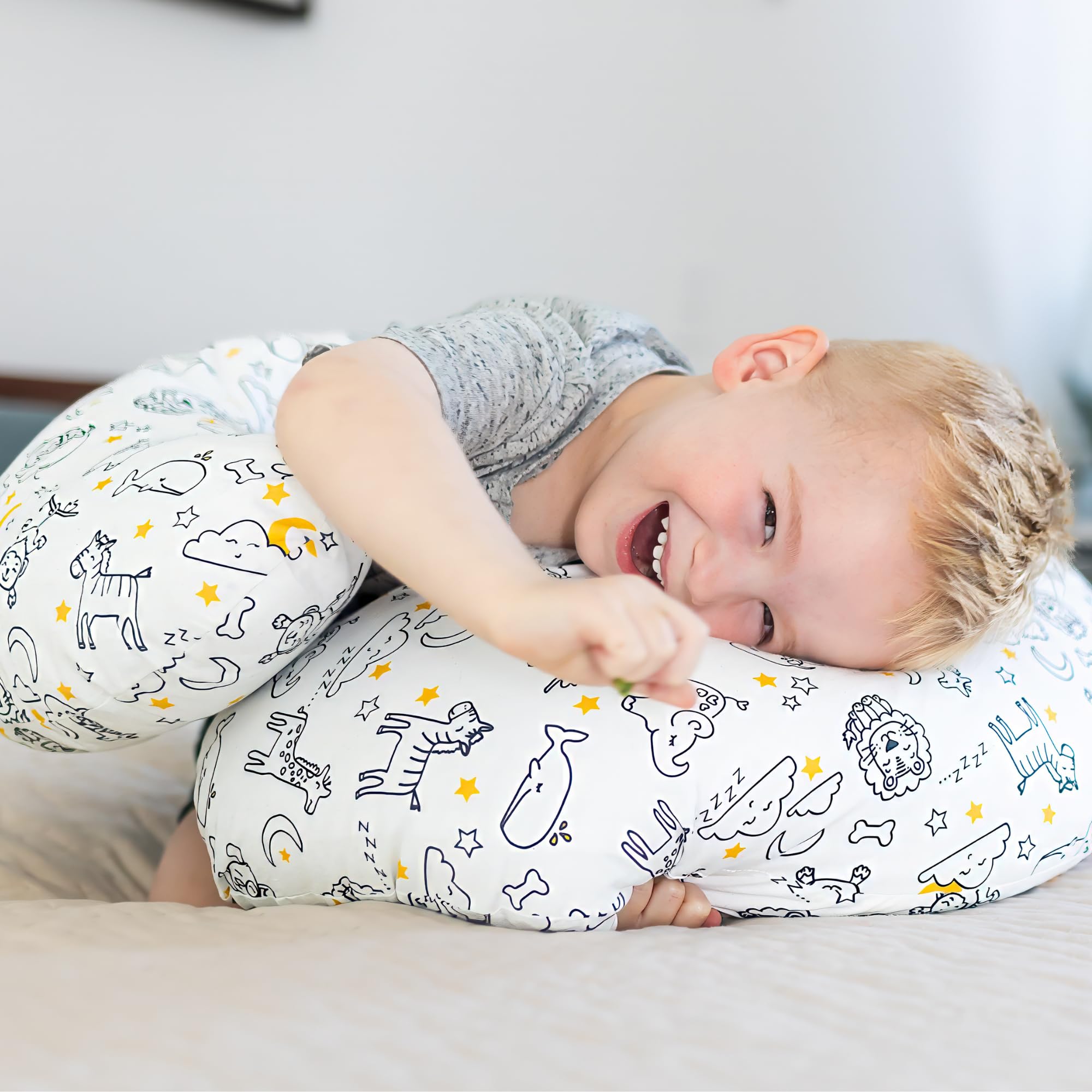 100% Organic Cotton Toddler Body Pillow - Hypoallergenic Kids Sleeping Pillow for Boys & Girls | Machine Washable Cover | Perfect for Nap Time, Travel & Cuddling (White/Safari)