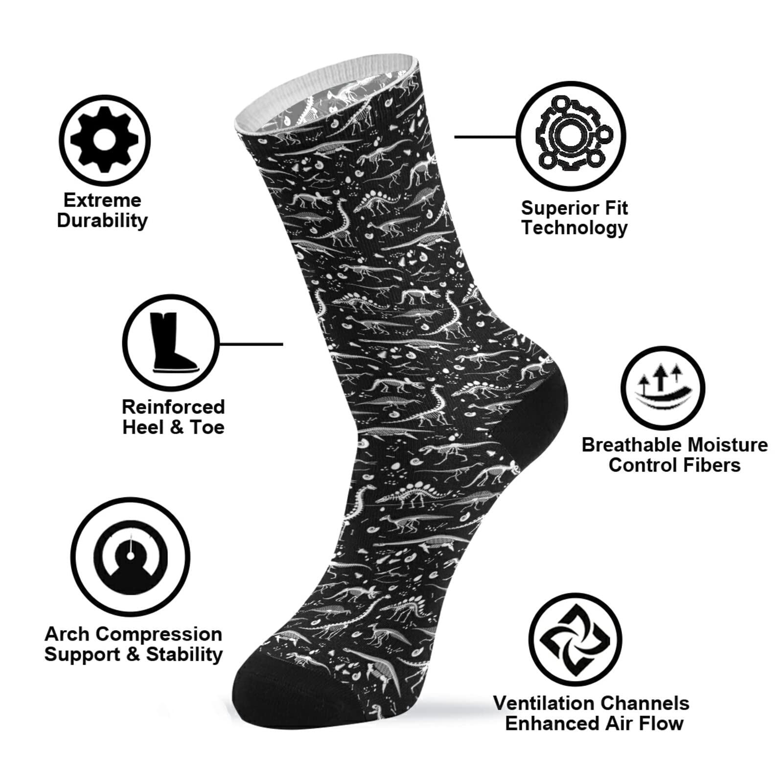 Dinosaur Skeleton Novelty Crew Socks 3-Pack - Black & White Casual Socks for Men & Women - Perfect for Costume Parties, Gifts, and Everyday Wear