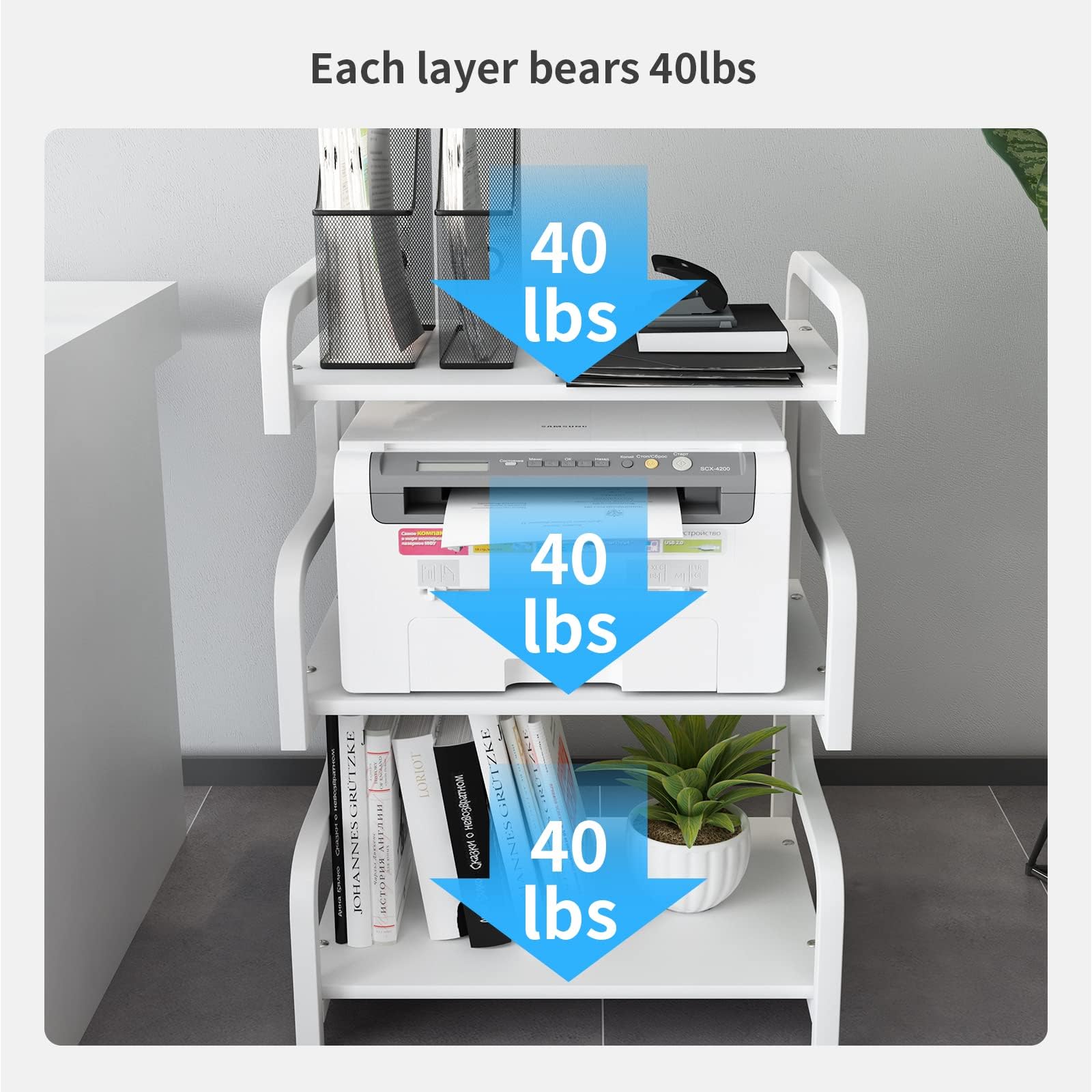3-Tier Rolling Printer Stand with Wheels - Mobile Storage Cart for Home Office, Living Room & Kitchen - Organize Printer, Scanner, Books, Microwave & More - White Multi-Purpose Shelf Rack