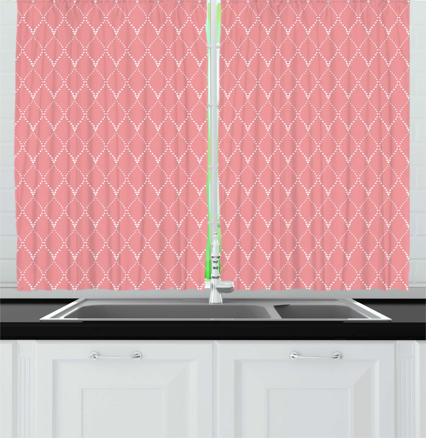 Ambesonne Abstract Long Kitchen Curtains - Modern Geometric Diamond Wavy Lines & Dots Design, Pastel Pink & White Window Drapes (Set of 2 Panels, 55