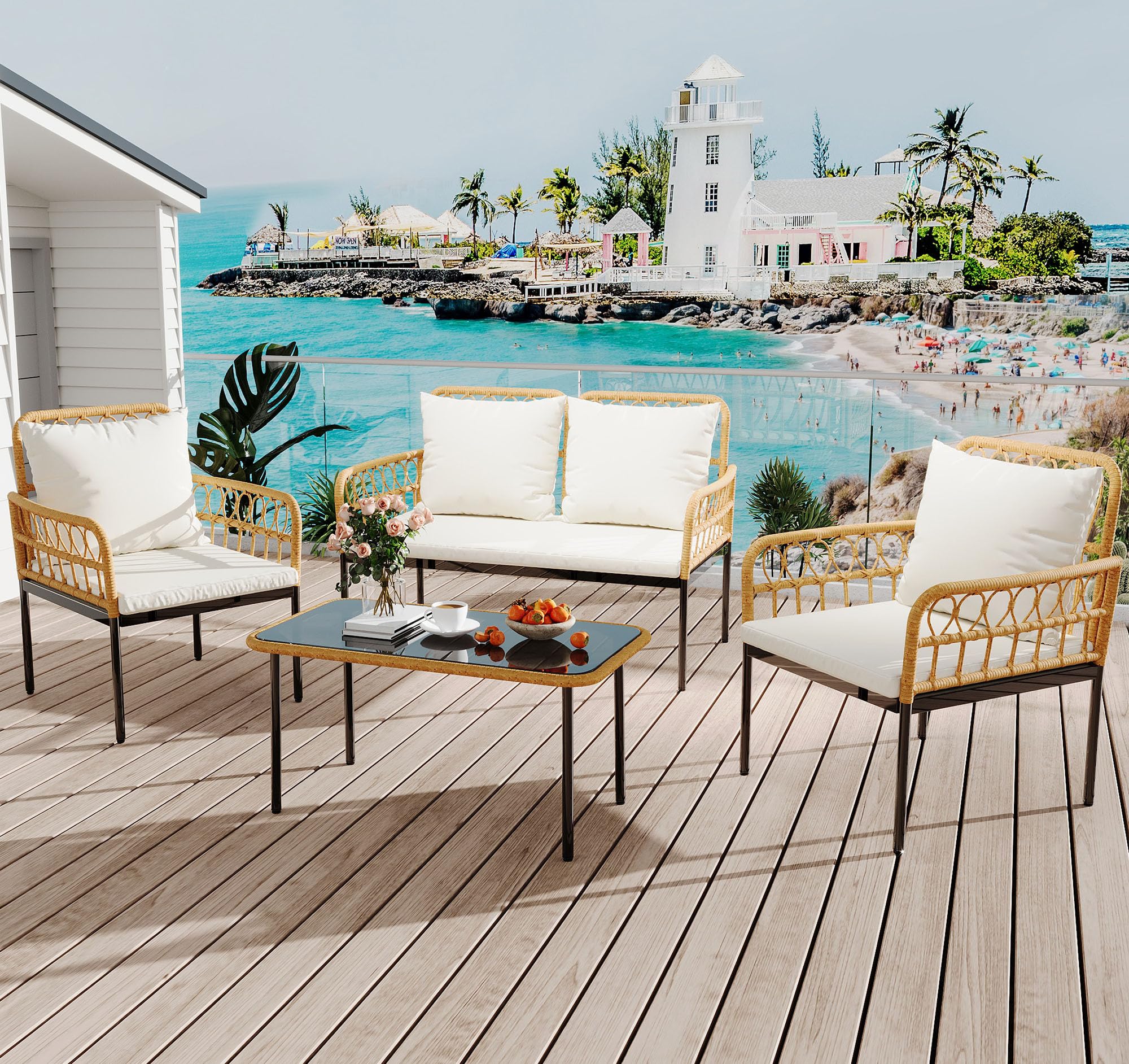 GARVEE 4-Piece All-Weather Wicker Patio Bistro Set with Glass Top Coffee Table, Loveseat & 2 Armchairs - Includes Cushions - Boho Outdoor Furniture for Backyard, Garden, Balcony or Poolside - Beige