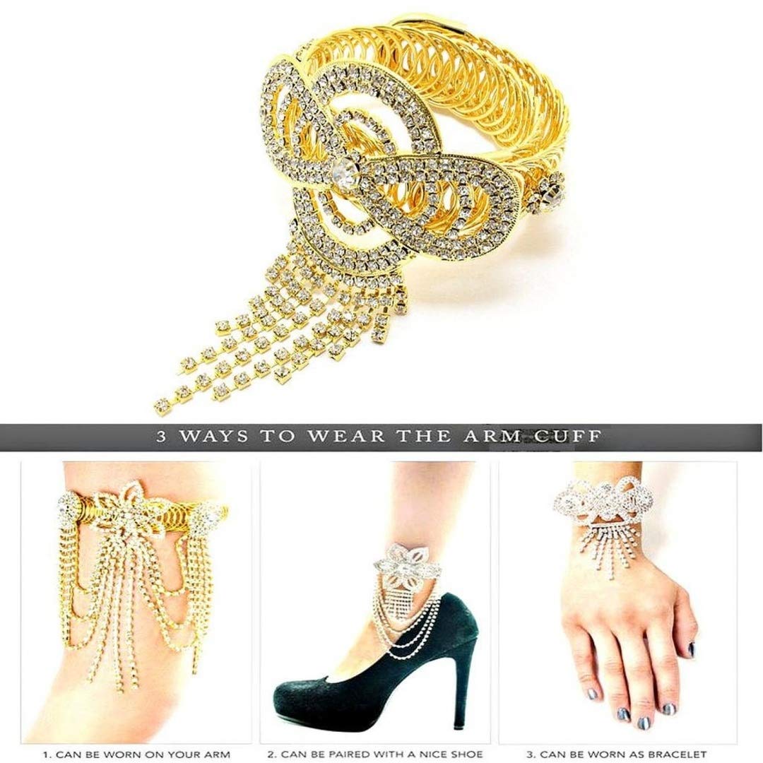 Trendy Rhinestone Bow Arm Cuff Bracelet Anklet for Women - Elegant Jewelry for Parties, Weddings & Date Nights | AZABRH006-GCL
