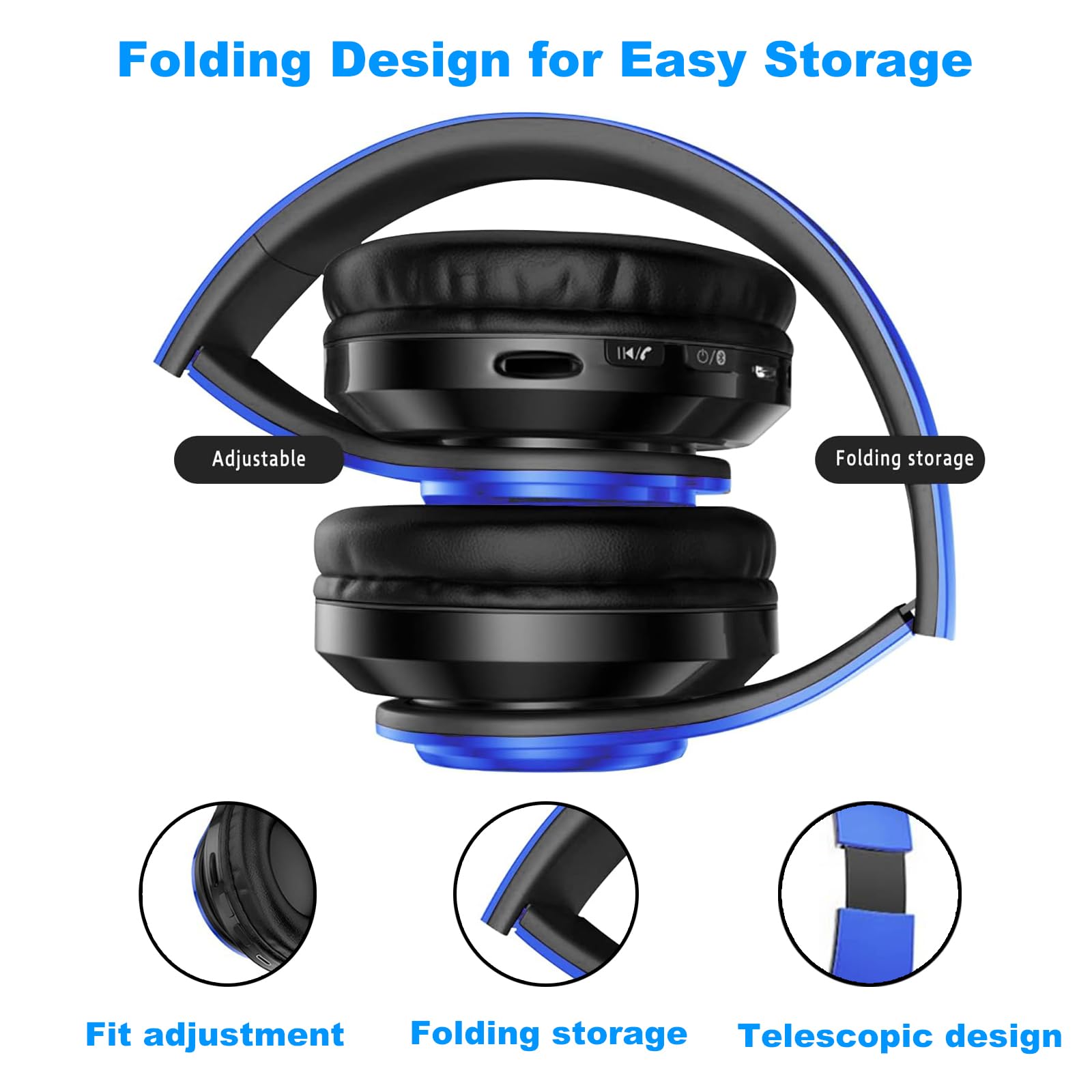 Kids Bluetooth Headphones with Colorful LED Lights - Wireless Over-Ear Headphones with Built-in Mic, Foldable Lightweight HiFi Stereo Sound for School, Gaming, Travel & Home Use - Perfect Gift for Boys & Girls (Blue)