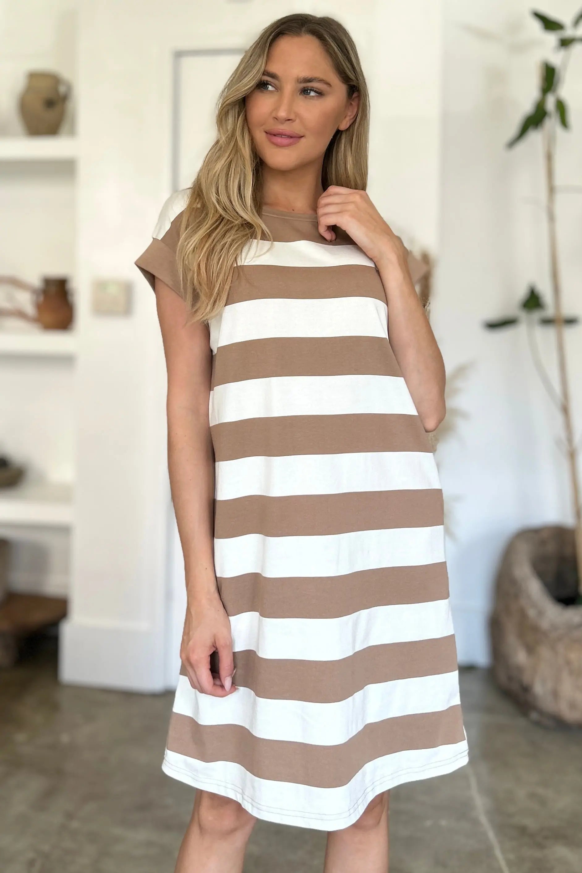 Basic Bae Women's Full Size Striped Round Neck Cap Sleeve Mini Dress - Casual Summer Outfit for Beach, Party & Date Night