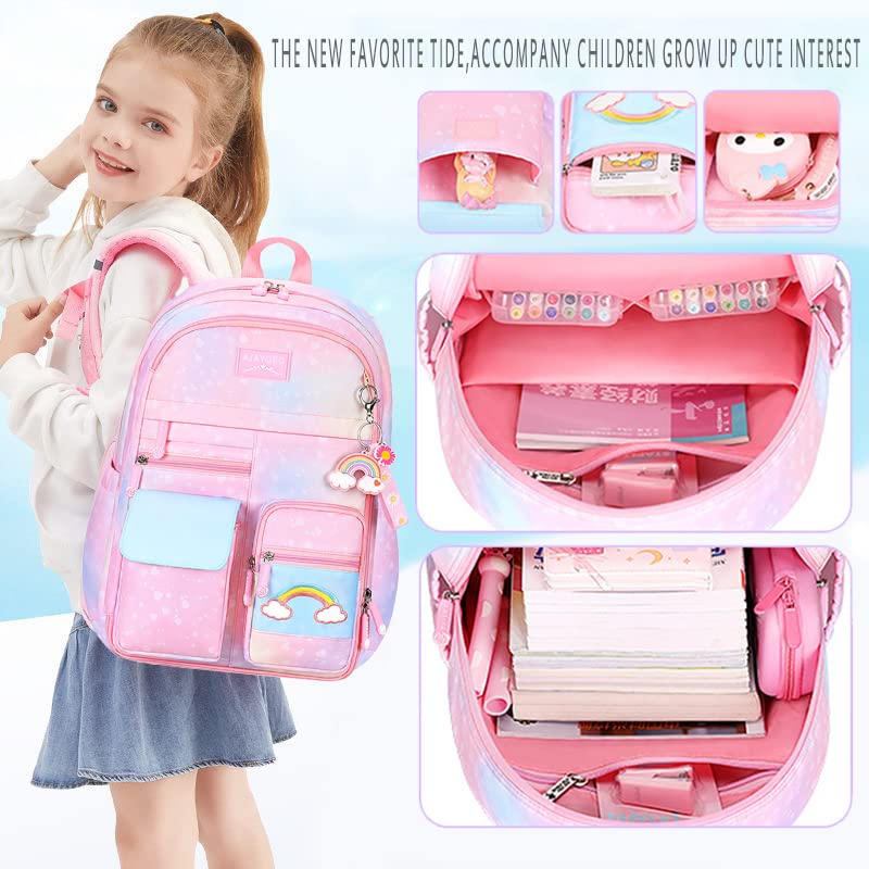 **Cute Pink Kawaii Backpack for Girls - Starry Rainbow School Bookbag, Aesthetic Kids Backpack Set (3 PCS) - Perfect for School, Travel & Daily Use**