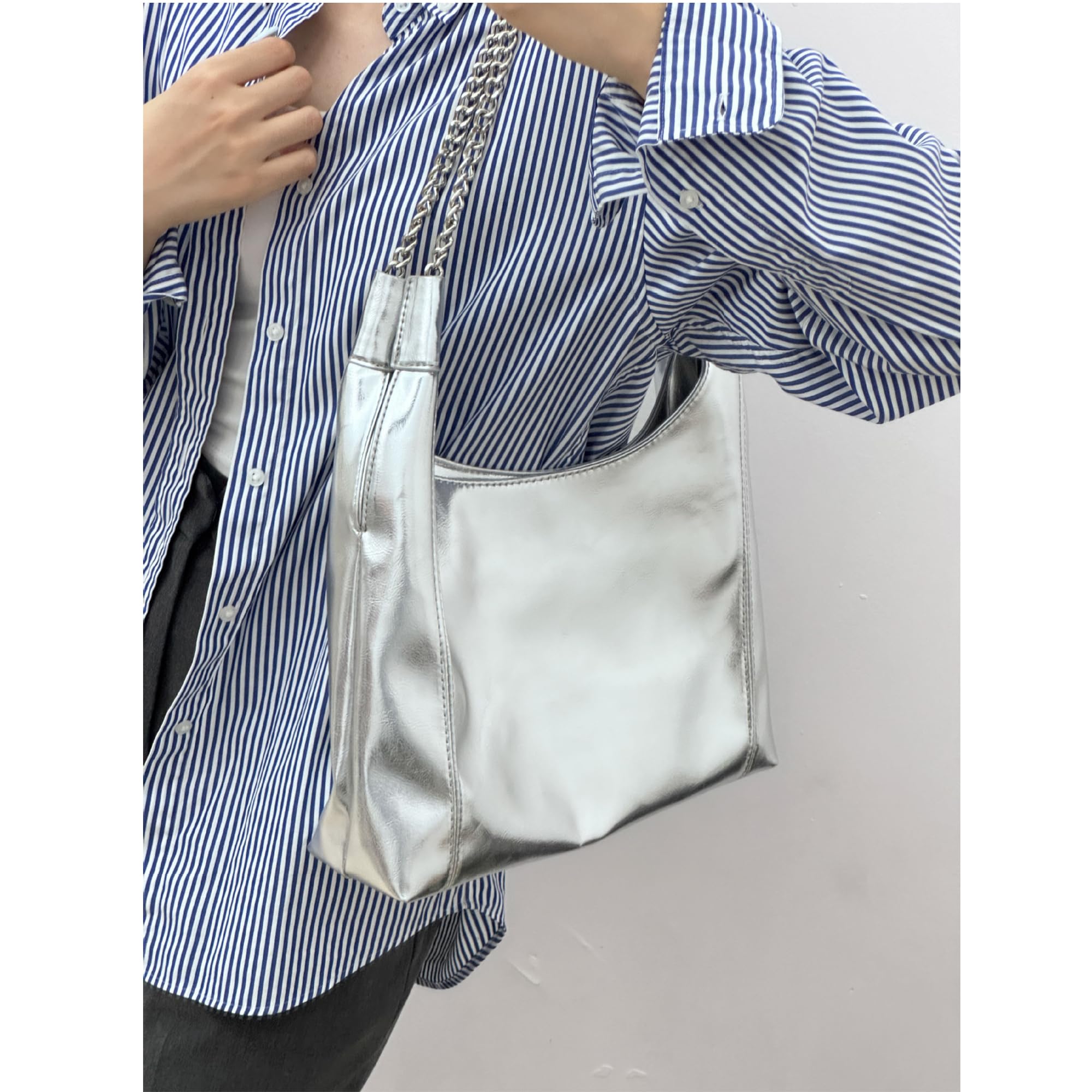 Stylish Women's Silver PU Leather Tote Bag - Large Fashionable Metallic Shoulder Purse for Work, Travel & Everyday Use