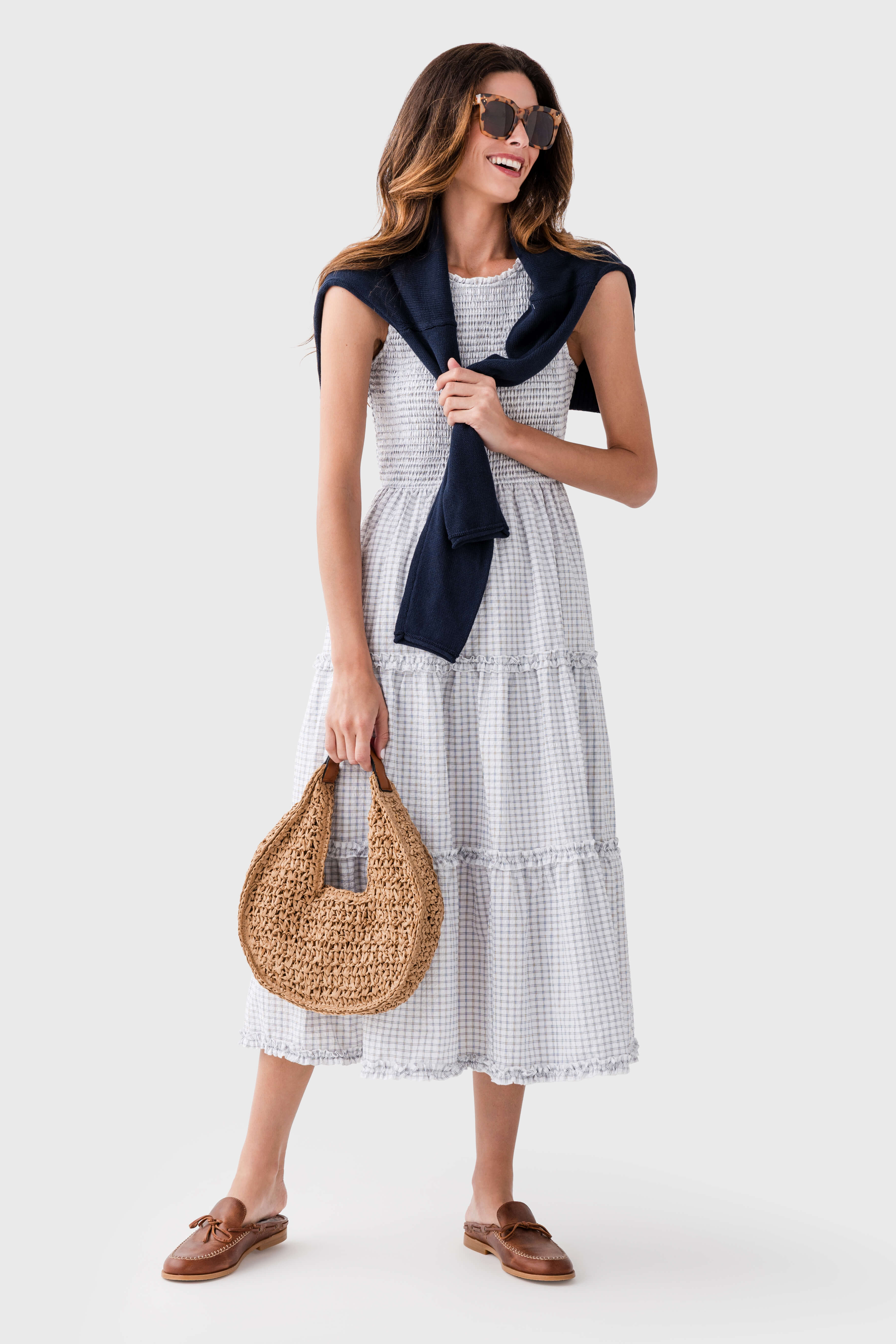 In Loom Smocked Checkered Seersucker Maxi Dress for Women - Summer Boho Beach Dress for Vacation, Date Night & Outdoor Parties