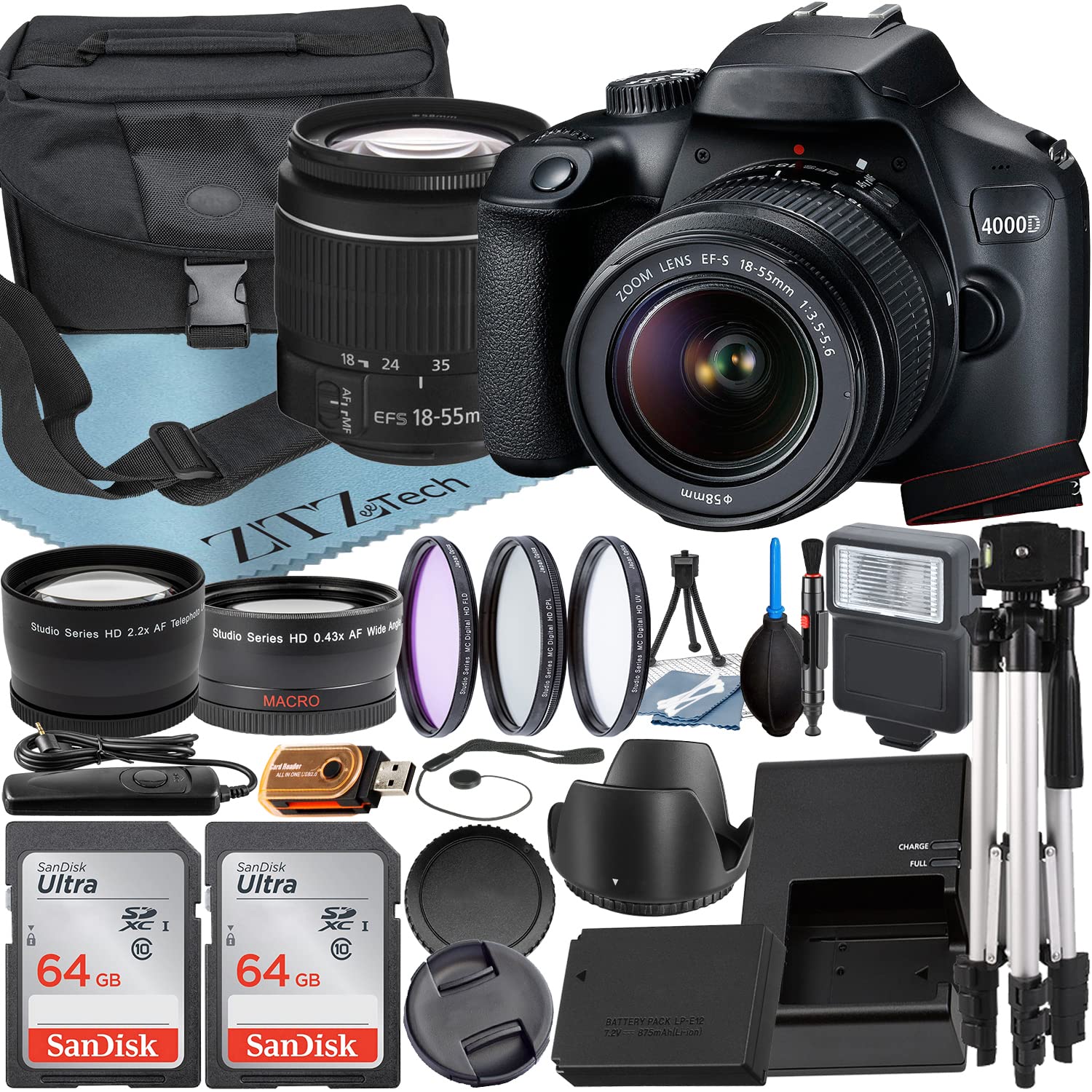 Canon EOS 4000D (Rebel T100) DSLR Camera with EF-S 18-55mm Lens Kit | ZeeTech Accessory Bundle Includes 2x SanDisk 64GB Memory Cards, Wide Angle Lens, Camera Case, Tripod & More | Perfect for Travel Photography, Vlogging & Beginner Photographers