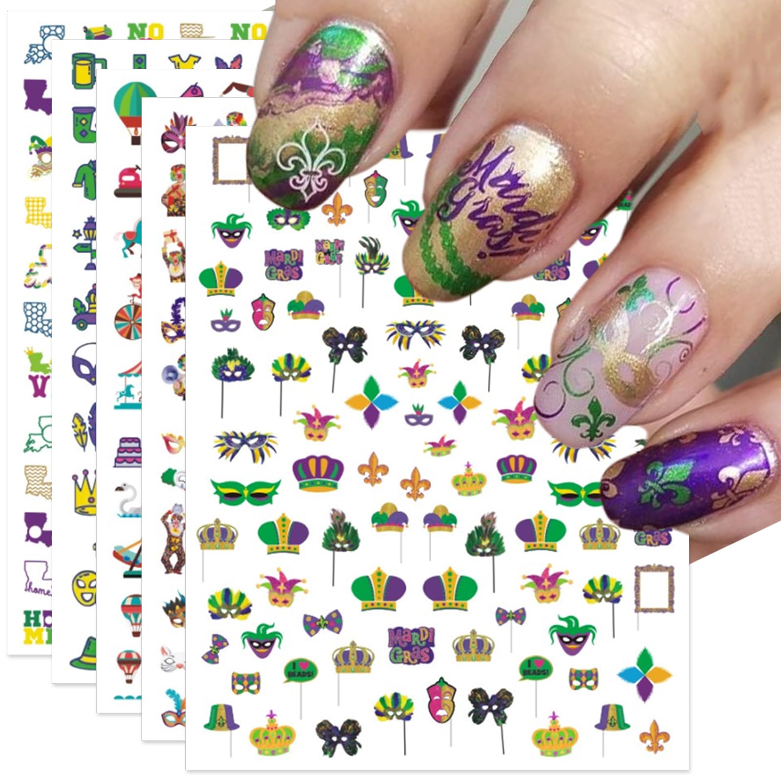 Mardi Gras Carnival Nail Art Stickers - 3D Masks, Beads, Fleur-de-lis, Harlequin & Crowns Self-Adhesive Nail Decals (5 Sheets) | Perfect for Parties, Festivals & Nail Salon Designs