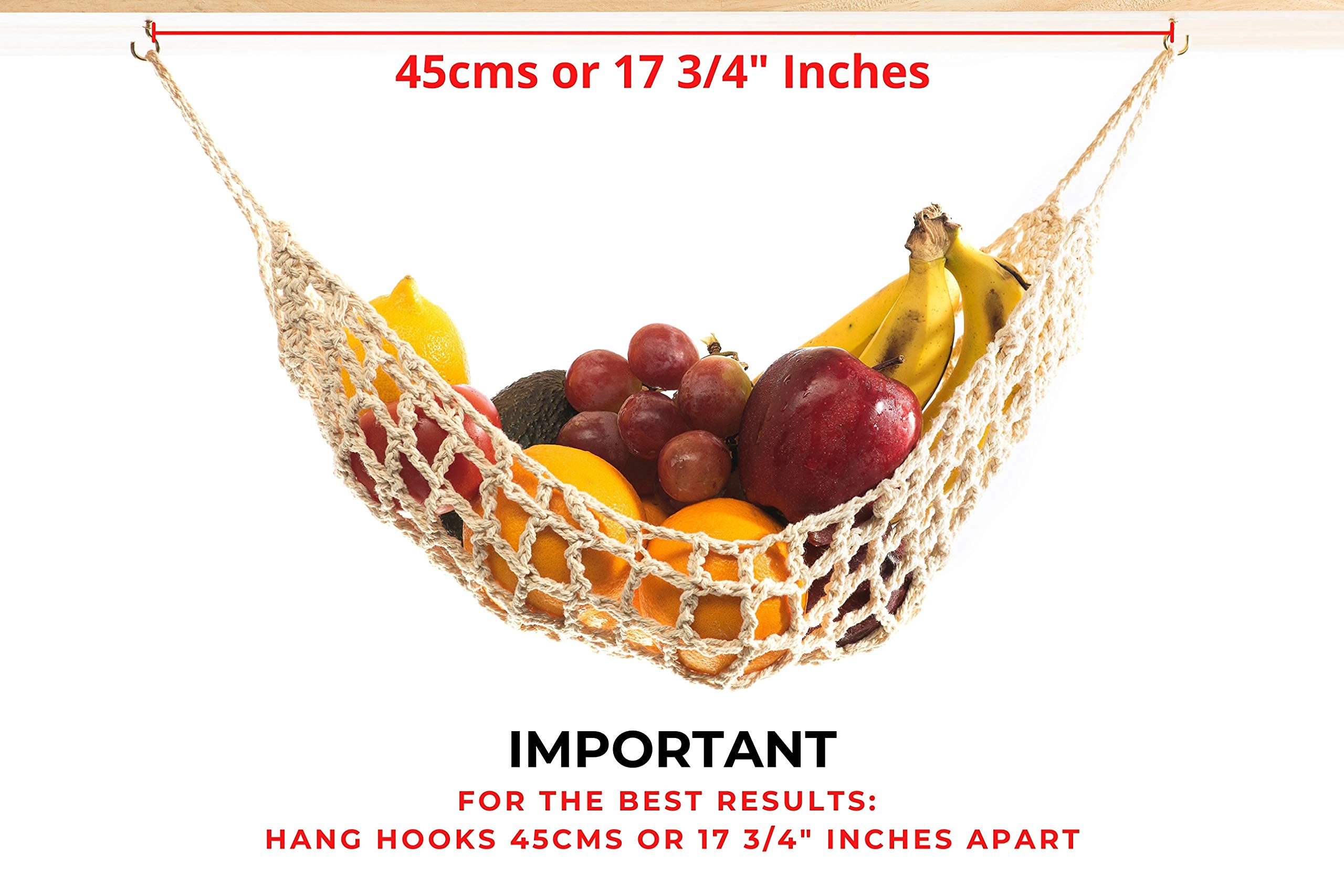 3 Pack Hanging Fruit Hammock - 3 Handwoven Cotton Vegetable & Banana Storage Baskets with 6 Hooks - Space Saving Kitchen Organizer for Counter, Cabinet, RV or Boat - Perfect for Storing Fruits, Vegetables & Kitchen Essentials