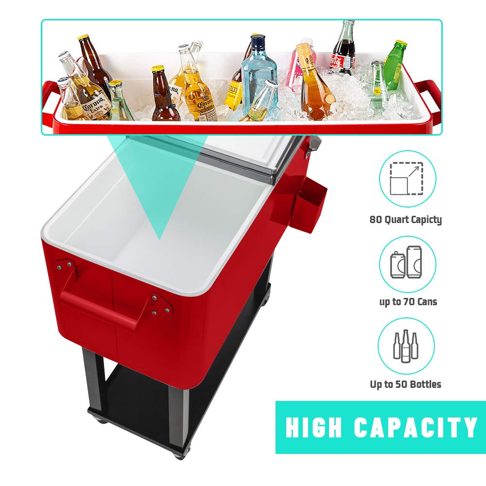 HomVent 80 Quart Rolling Cooler Cart with Wheels - Portable Outdoor Ice Chest, Patio Party Bar Drink Cooler with Shelf & Bottle Opener for Beach, Camping, and Tailgating