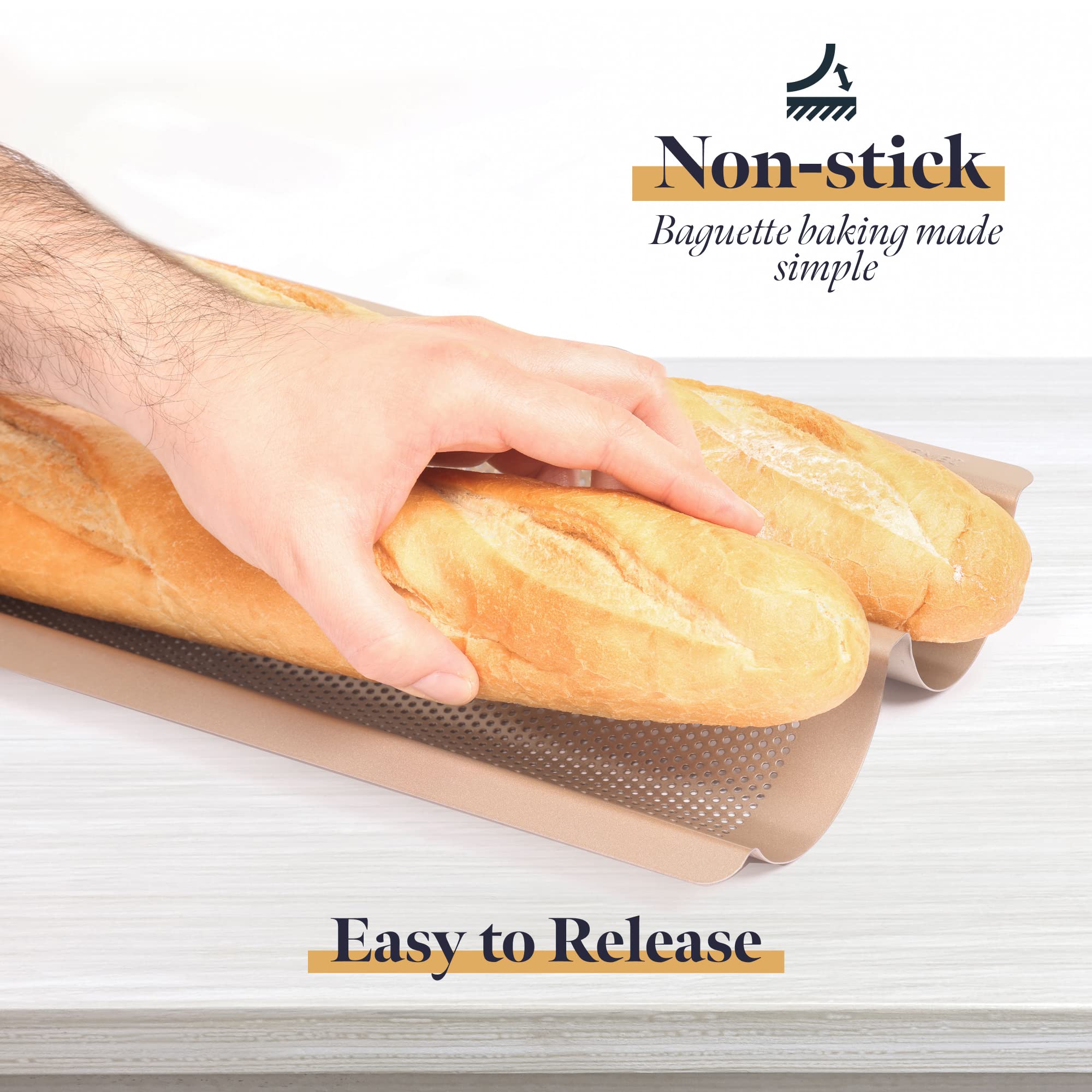 Non-Stick Baguette Baking Pan - French Bread Loaf Tray for 2 Perfectly Baked Baguettes - Perforated Champagne Baguette Bake Pan for Home & Professional Baking - Ideal for French Bread, Artisan Loaves & Pastries
