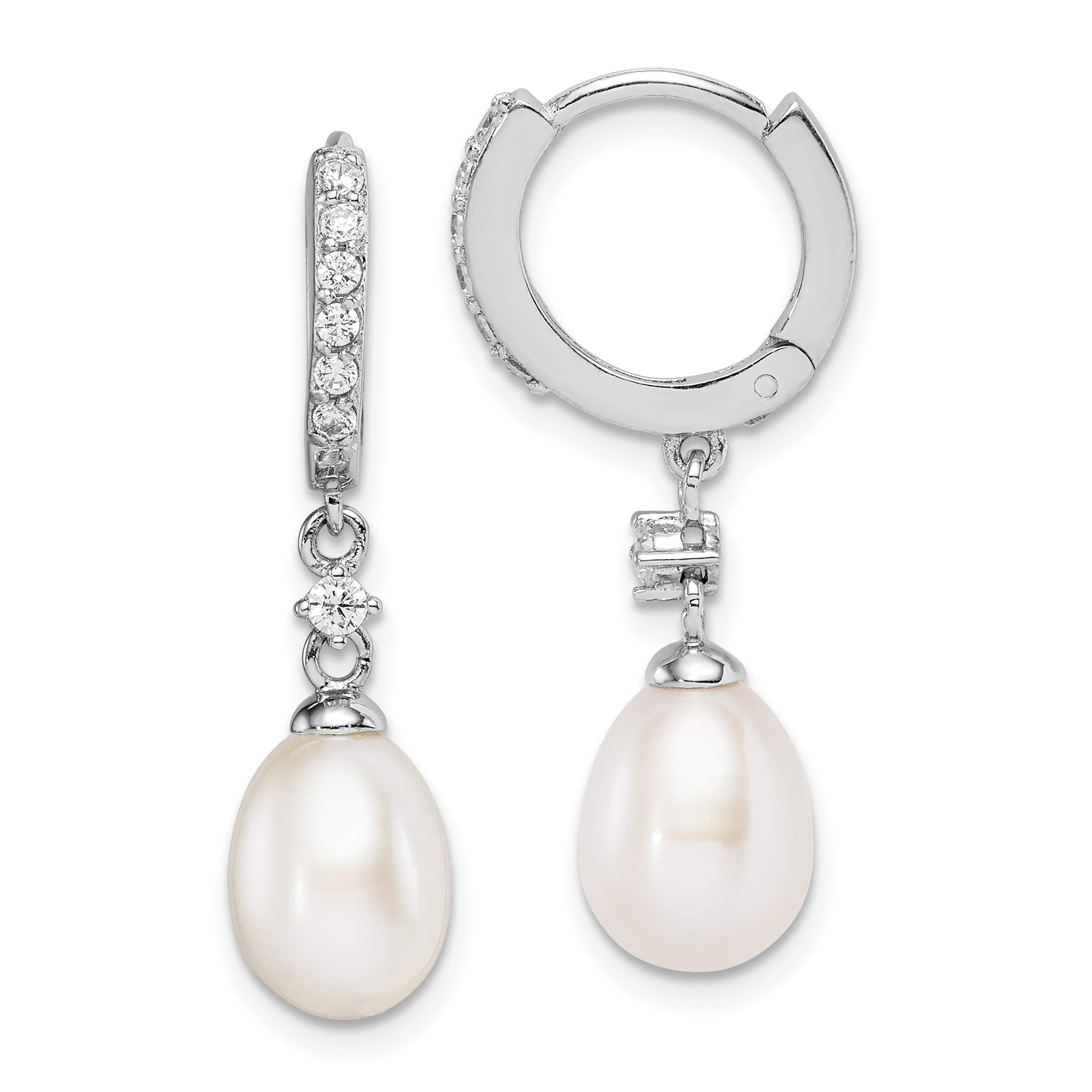 7-8mm Sterling Silver Rhod-plat Rice Pearl & CZ Hoop Dangle Earrings for Women | Elegant Fashion Jewelry for Parties, Weddings & Daily Wear