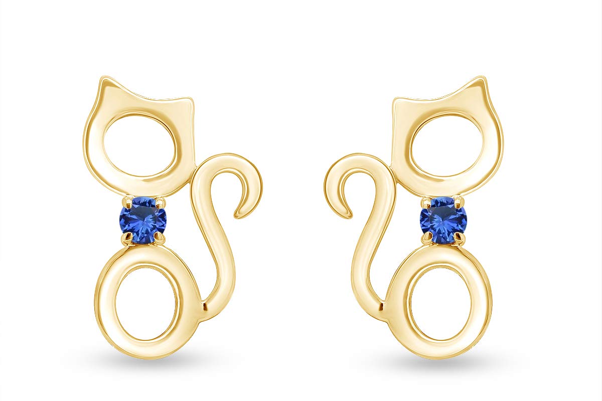 14K Gold Over Sterling Silver Round Cut Simulated Birthstone Kitty Cat Stud Earrings for Women | Push Back Closure | Perfect for Gifts, Birthdays, and Everyday Wear