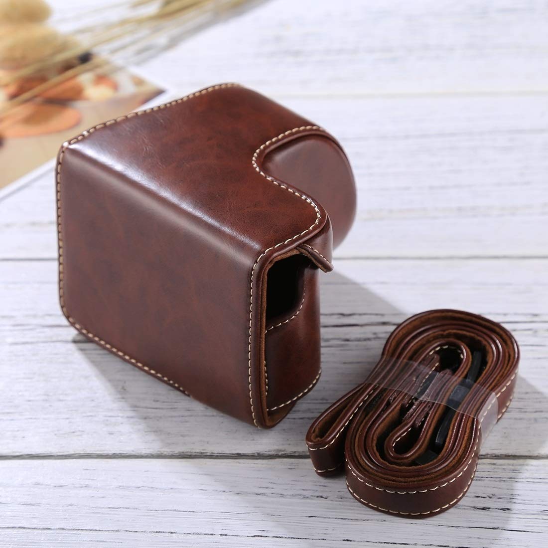Premium PU Leather Camera Case Holster for Sony A5100 A5000 NEX-3N - Full Body Protection with Adjustable Strap (Fits 16-50mm & 40.5mm Lens) - Coffee Color - Perfect for Travel Photography & Outdoor Adventures