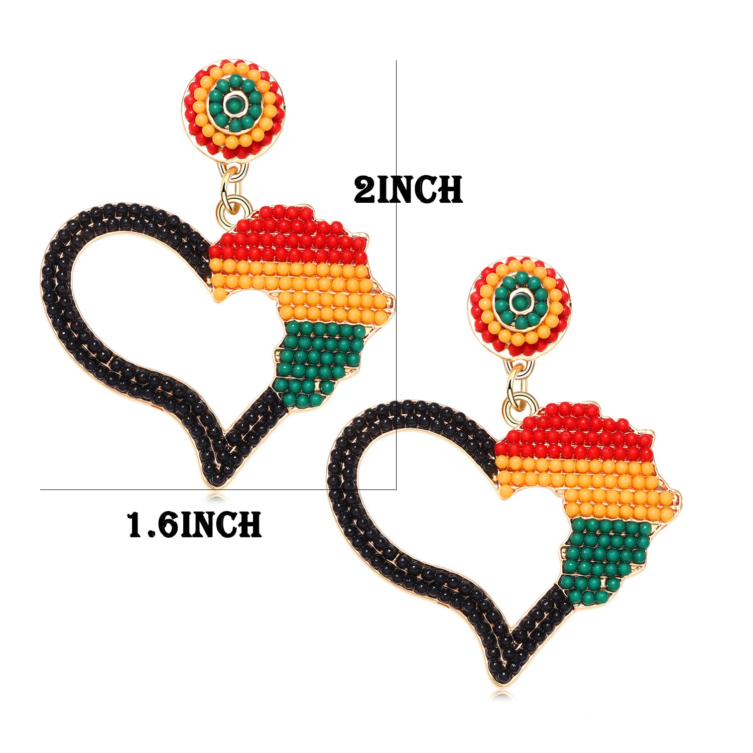 Crystal Beaded Afro Dangle Earrings for Women - African Map & Heart Design Ethnic Jewelry - Juneteenth Inspired Gift for Black Women - Perfect for Parties, Weddings & Cultural Celebrations