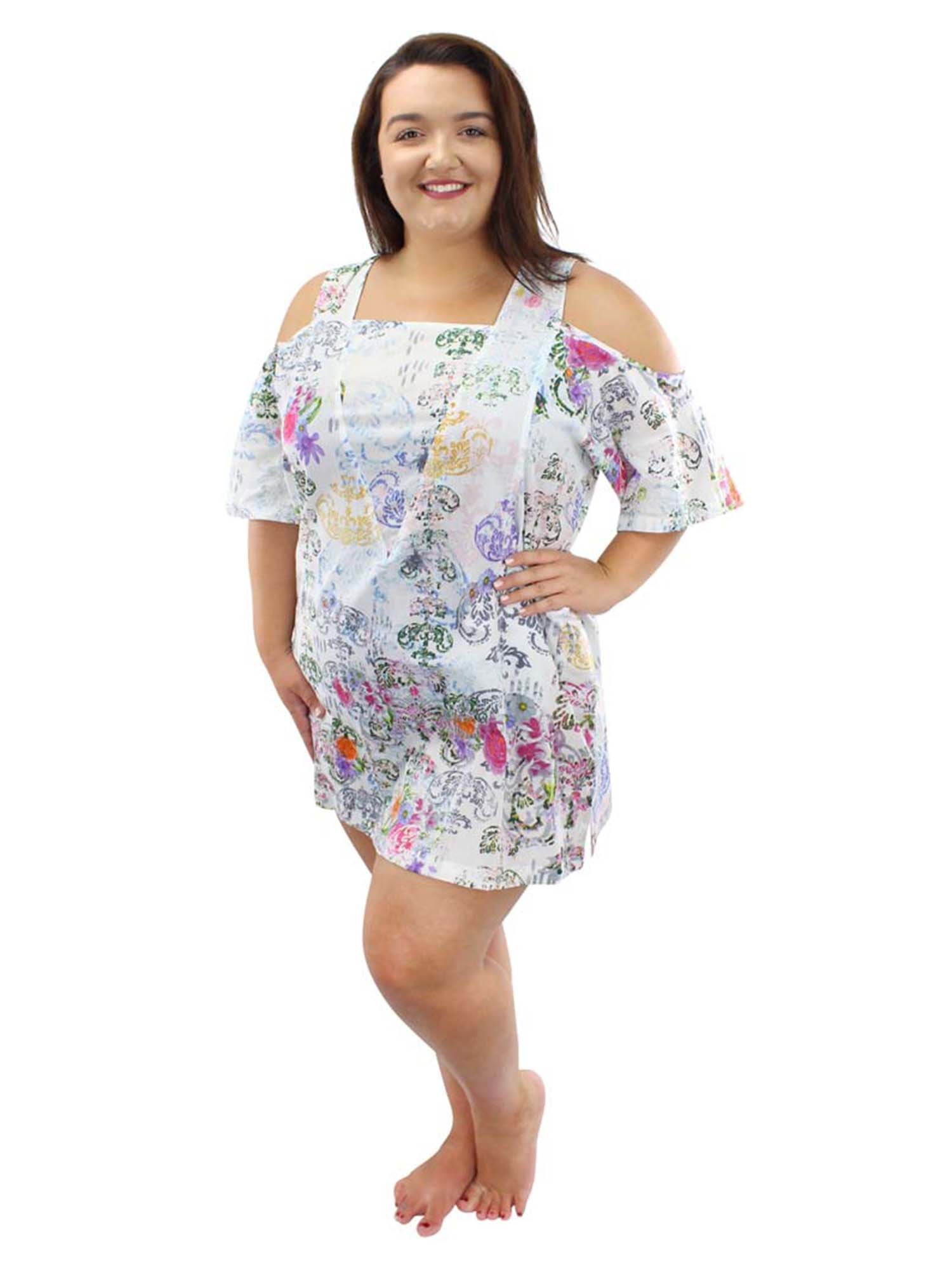 Luxury White Paisley Plus Size Cold Shoulder Sundress Cover Up - Flowy Beach Dress for Women, Boho Chic Swim Cover Up, Pool Party & Vacation Outfit