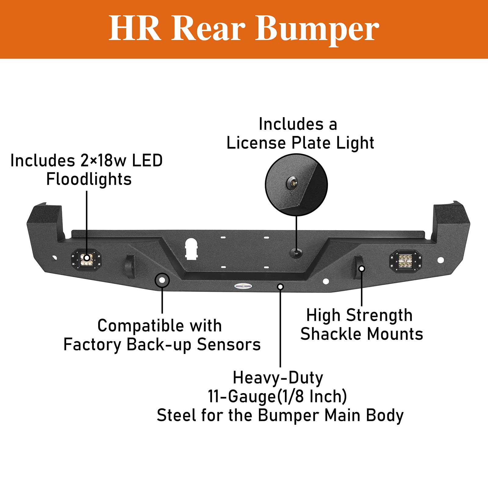 Hooke Road Heavy Duty Rear Bumper with 2×18W LED Lights for 2016-2023 Toyota Tacoma 3rd Gen | Off-Road Protection & Enhanced Visibility for Adventure Trucks