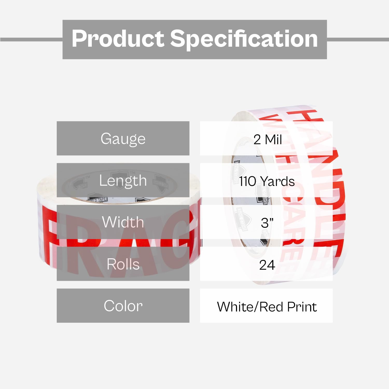 PSBM Fragile Shipping Tape - 3 Inch x 110 Yards, 24 Pack - Red 'Fragile Handle with Care' Printed on White Tape - Ideal for Moving Boxes, Package Protection & Warehouse Shipping Supplies