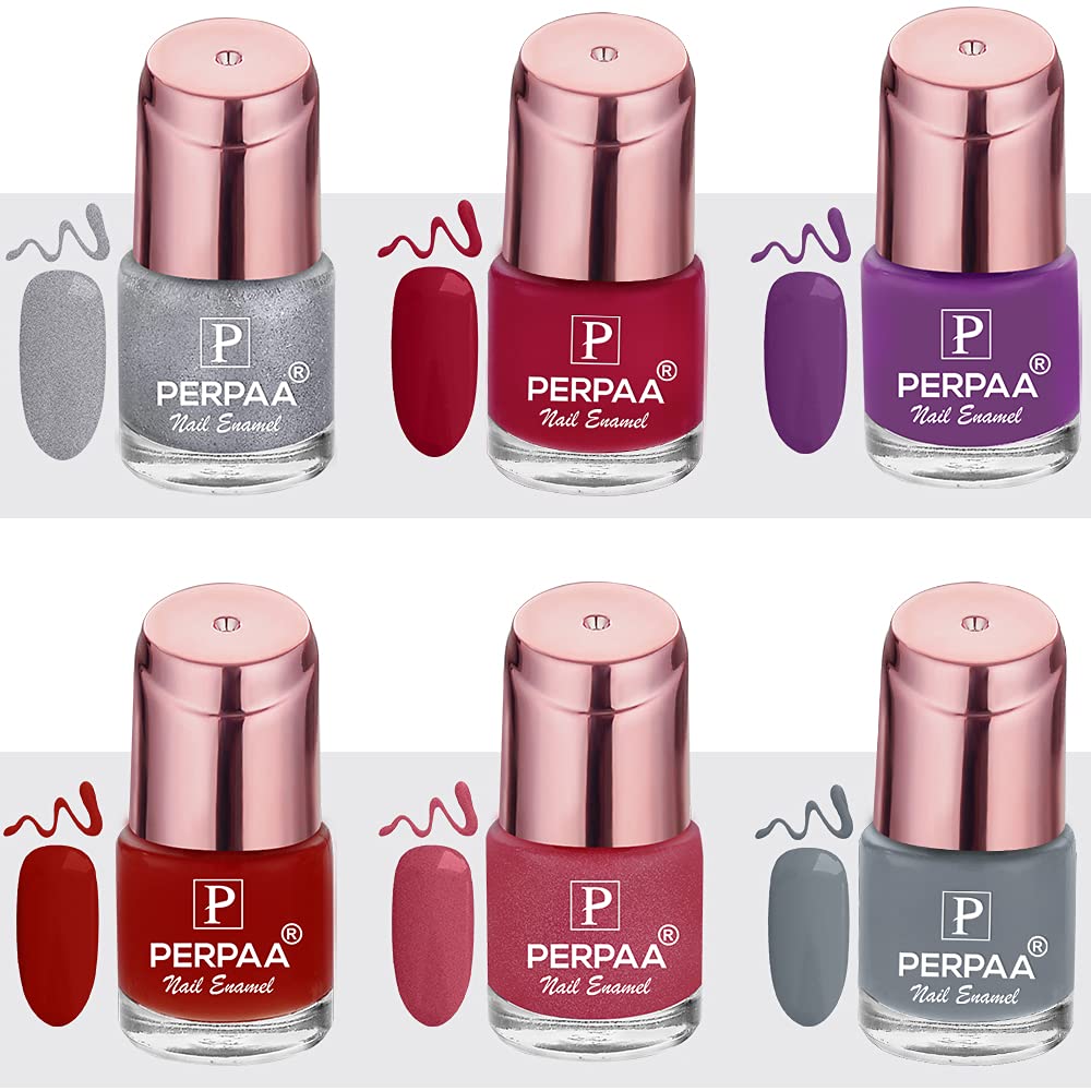 PERPAA® 6-Pack Quick-Drying Gel Nail Polish Set - Long Lasting, Sparkling Silver, Red, Purple, Glitter Pink, Stylish Red, Ash Grey | Perfect for Home Manicures, Nail Salons & Gift Giving