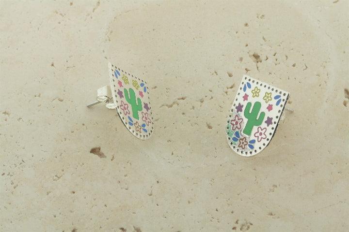Colorful Enamel Cactus Shield Stud Earrings - Trendy Boho Jewelry for Women, Perfect for Festivals & Everyday Wear