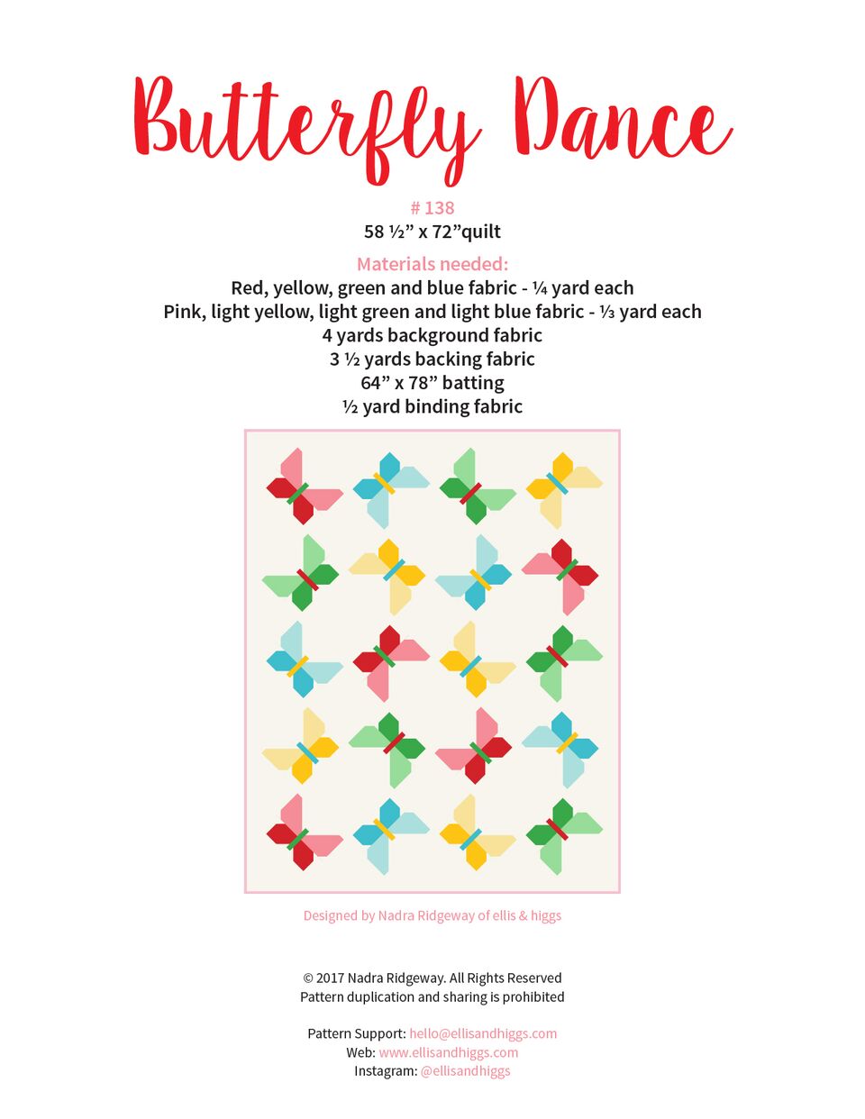 Butterfly Dance Quilt Pattern - Digital Download PDF by Ellis & Higgs - Perfect for DIY Quilting, Home Decor & Baby Nursery Projects